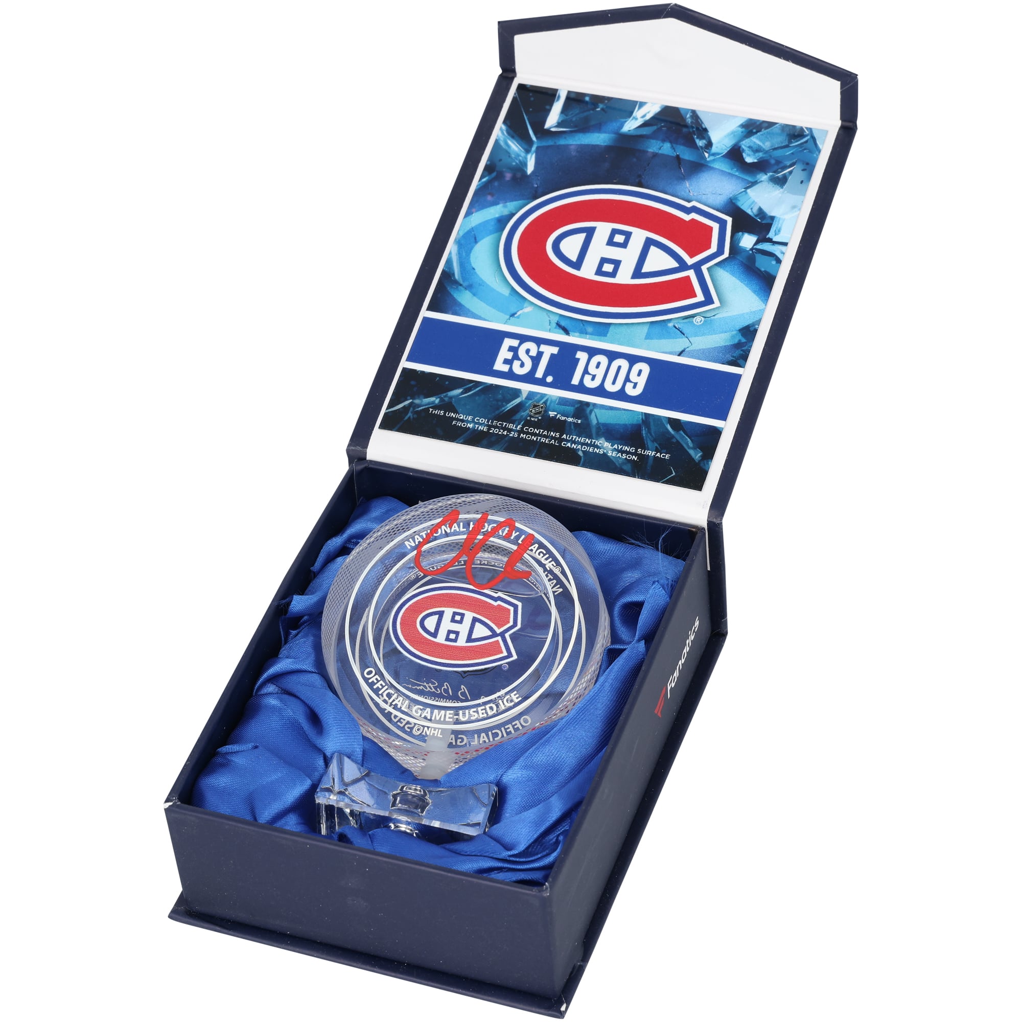 Rondelle de cristal autographiée par Cole Caufield des Canadiens de Montréal - Remplie de glace utilisée lors du match de la saison 2024-25