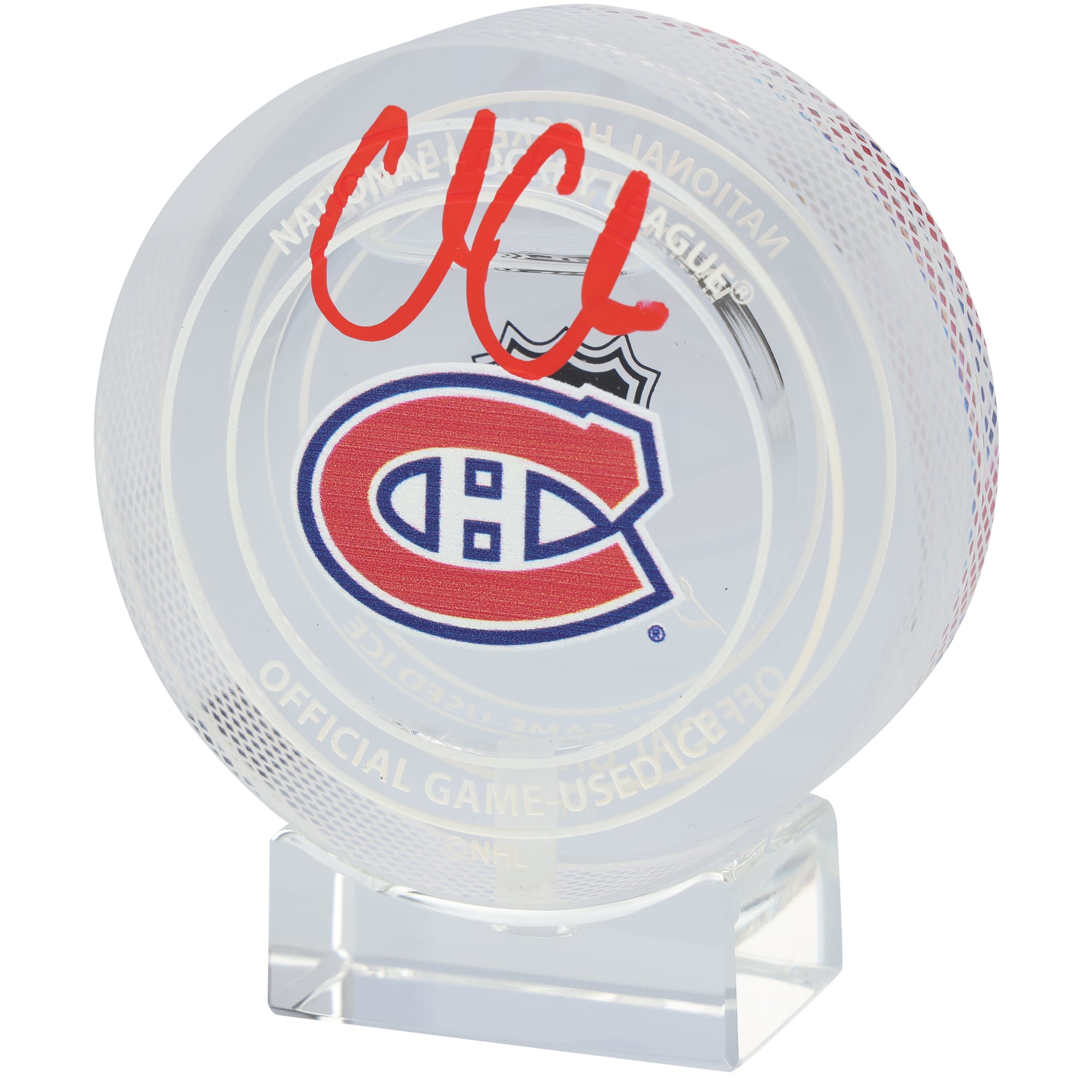 Rondelle de cristal autographiée par Cole Caufield des Canadiens de Montréal - Remplie de glace utilisée lors du match de la saison 2024-25