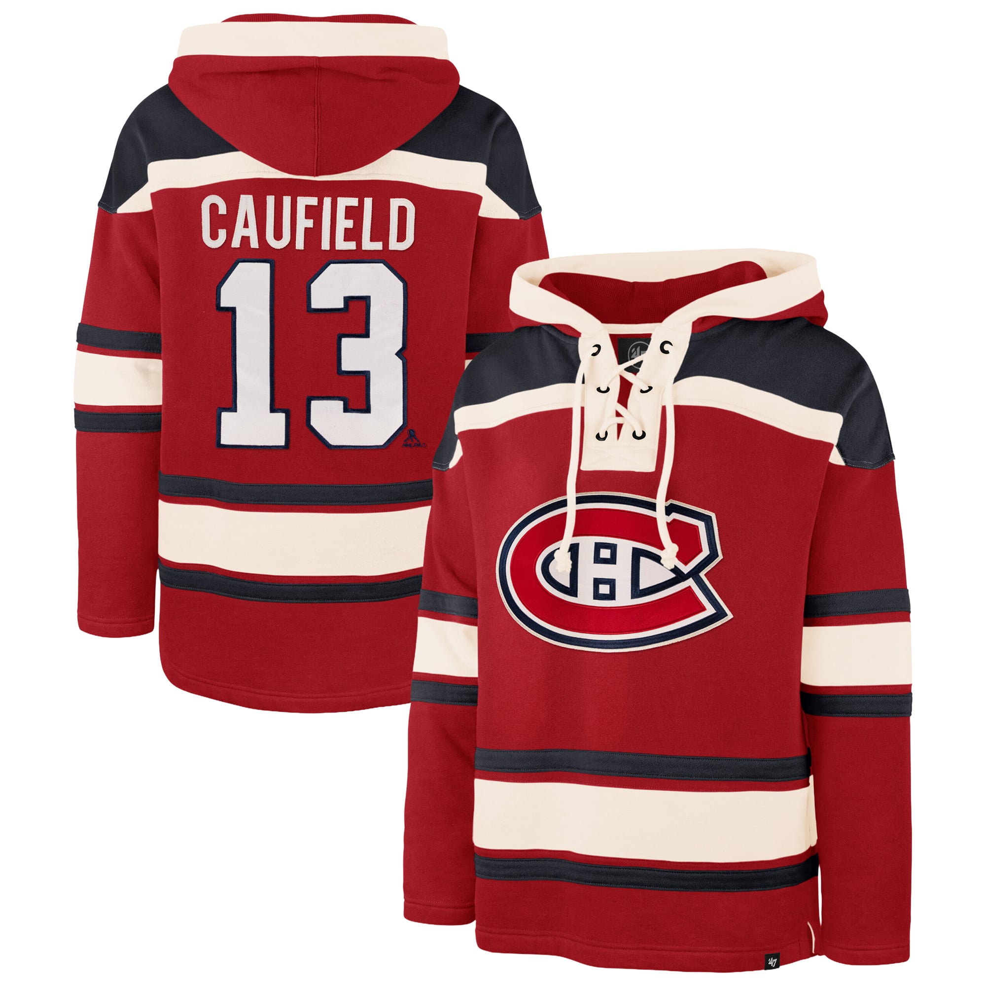 Men's '47 Cole Caufield Red Montreal Canadiens Player Name & Number Lacer Hoodie