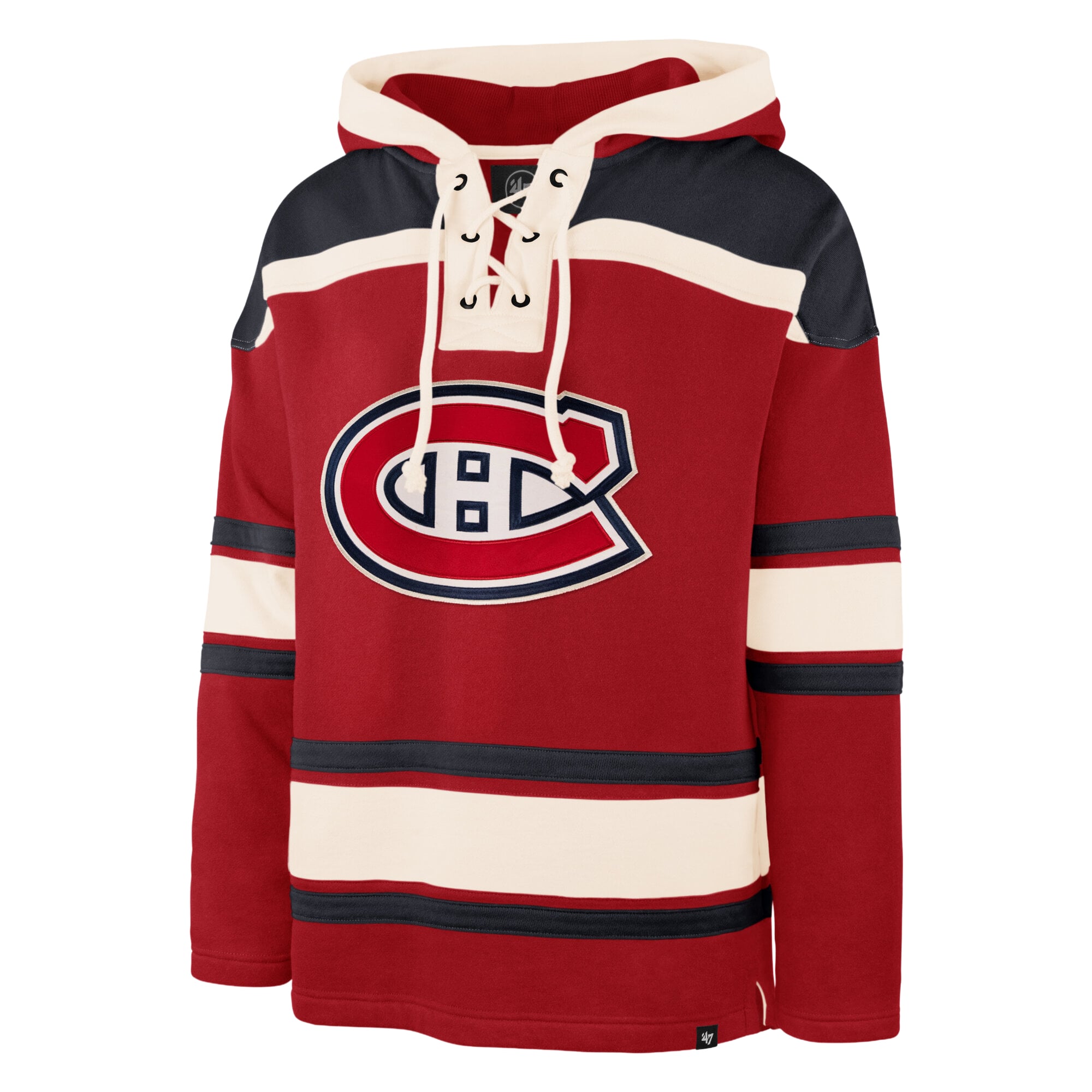 Men's '47 Cole Caufield Red Montreal Canadiens Player Name & Number Lacer Hoodie