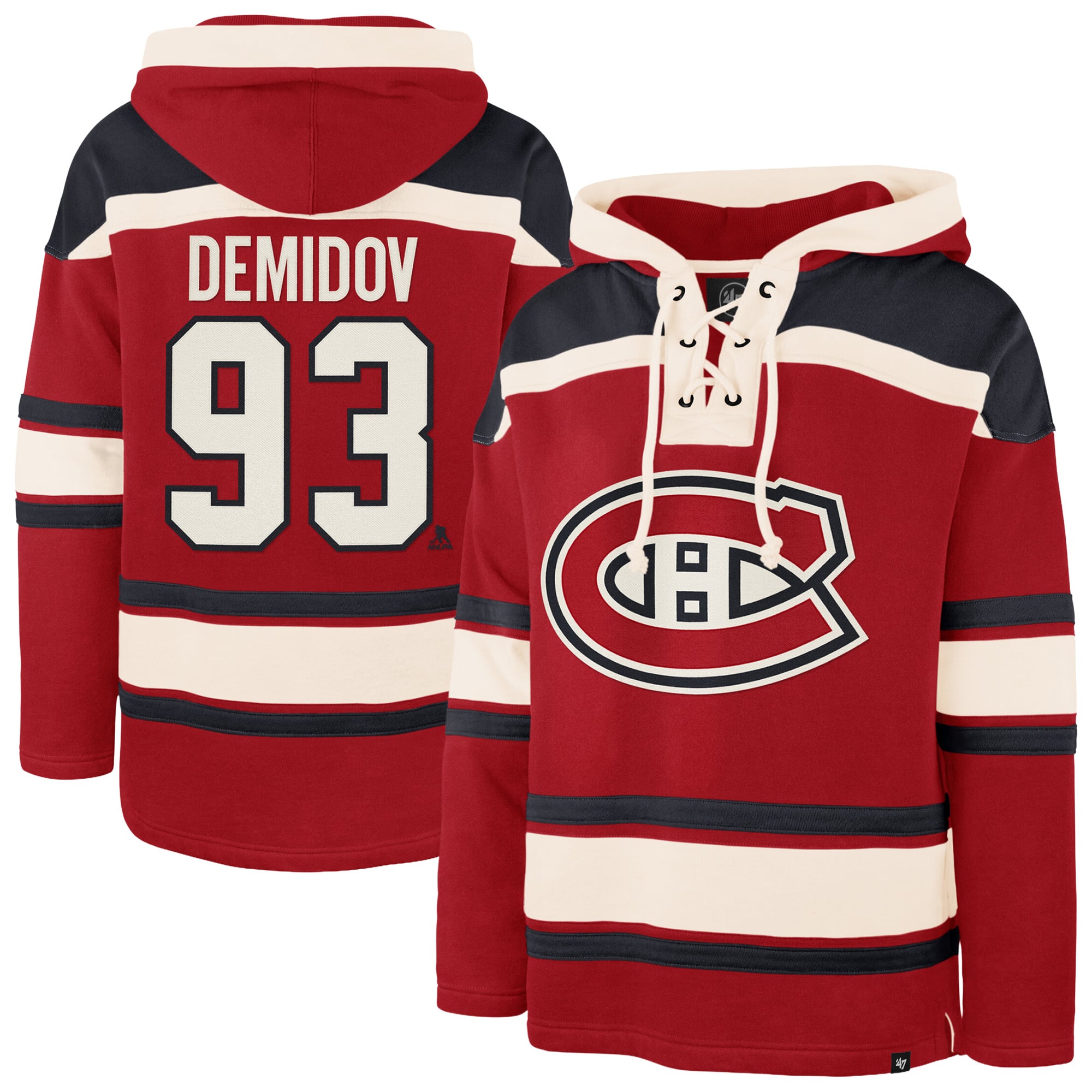 Sweat à capuche Lacer rouge pour homme, modèle 47 Ivan Demidov, Canadien de Montréal, avec nom et numéro du joueur