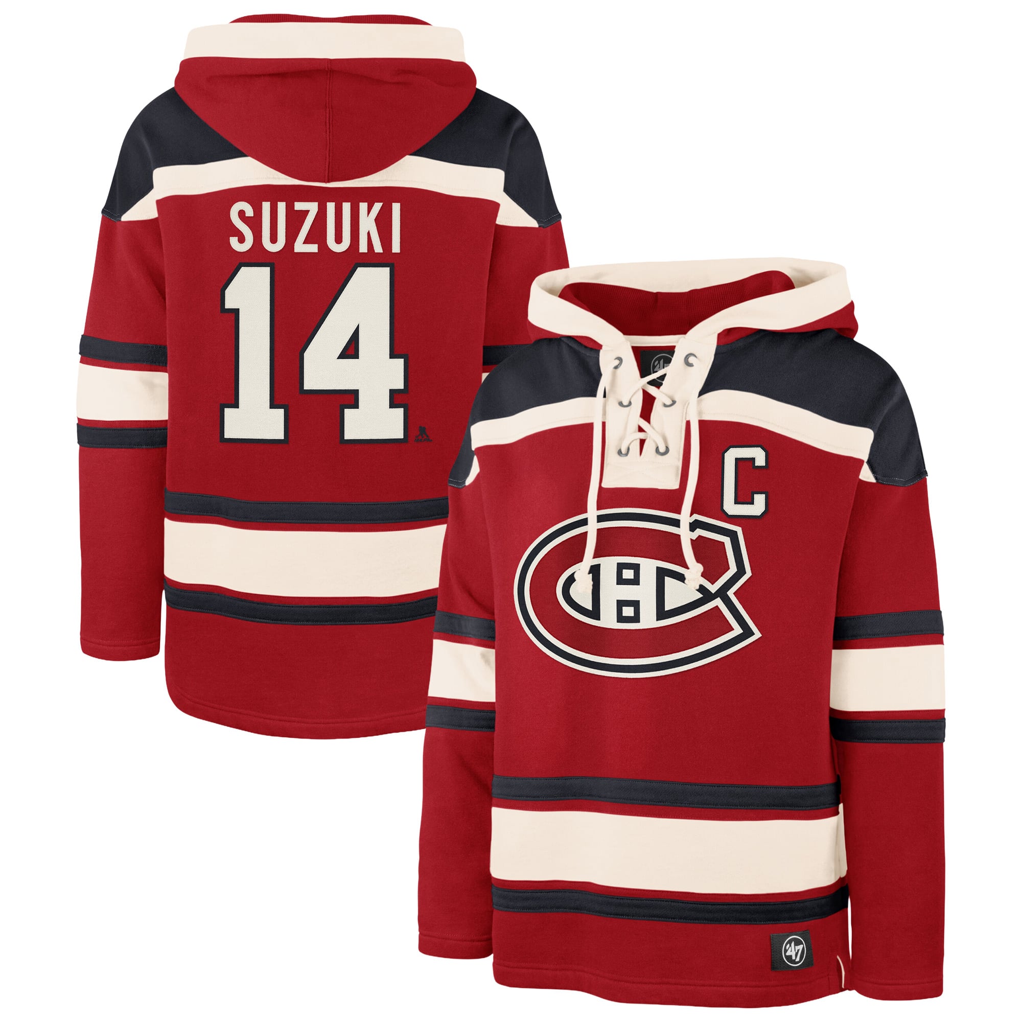 Sweat à capuche Lacer pour homme, rouge, avec le nom et numéro du joueur Nick Suzuki, Canadien de Montréal, 47