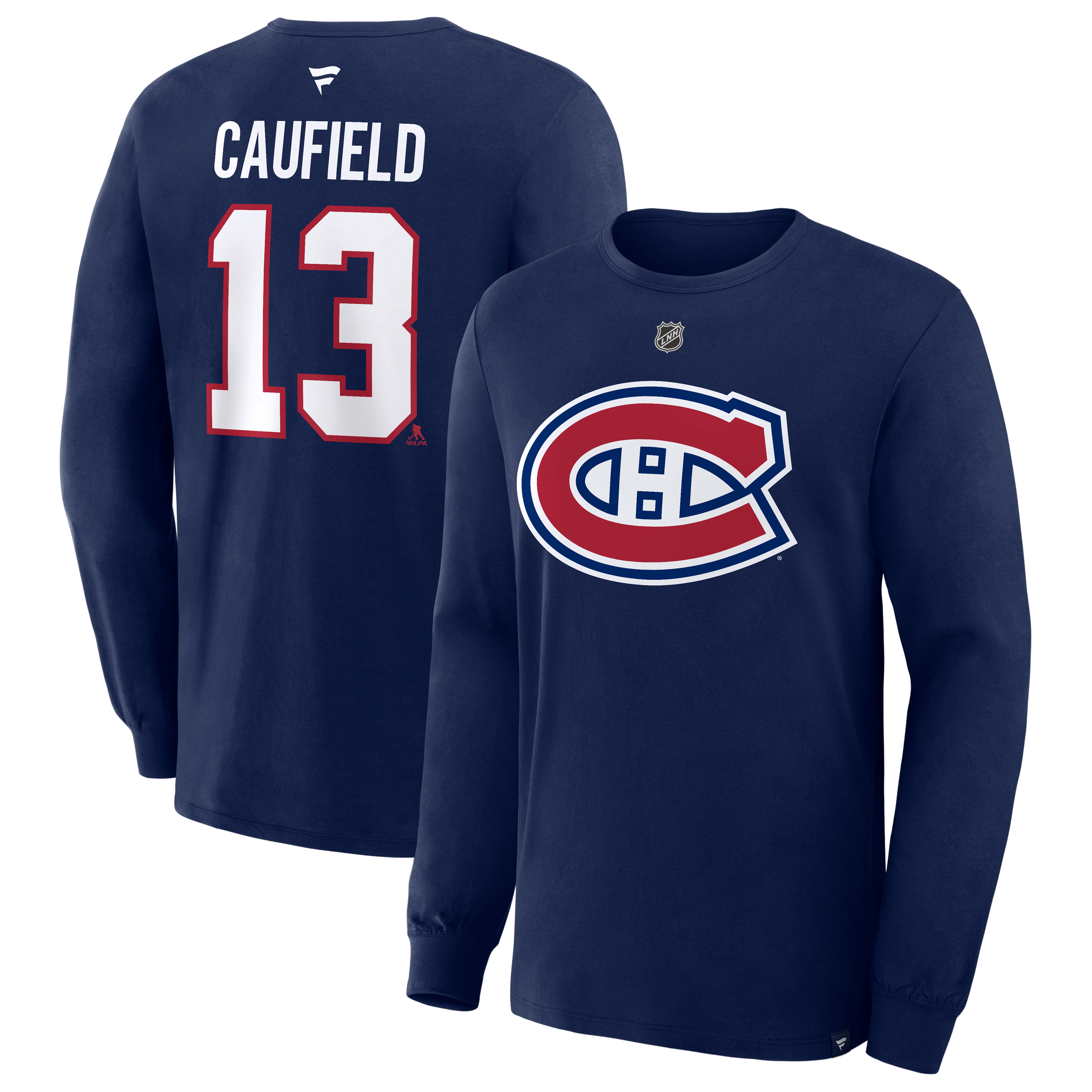 Men's Fanatics Cole Caufield Navy Montreal Canadiens Authentic Stack Name & Number Long Sleeve T-Shirt