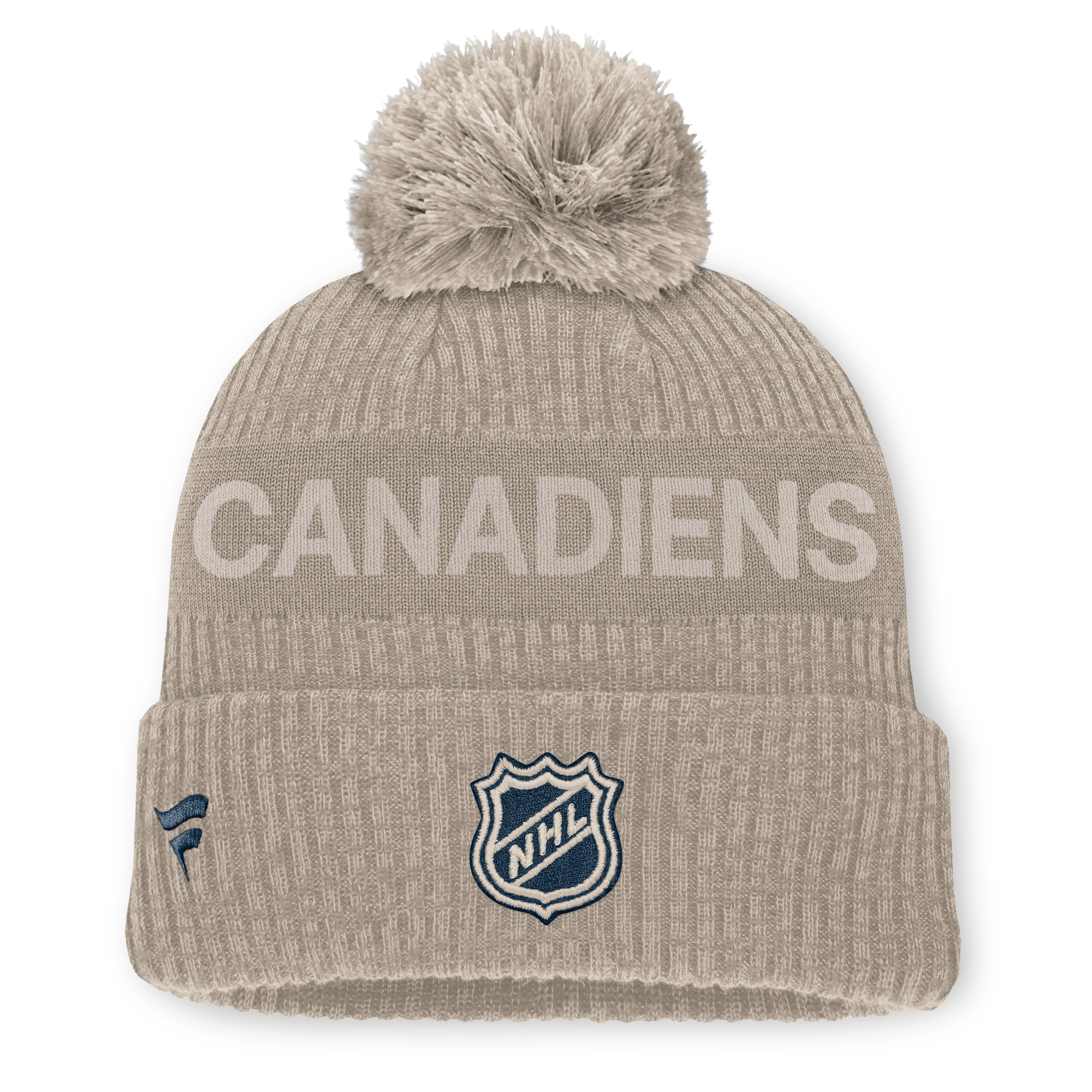 Bonnet tricoté authentique Pro Road des Canadiens de Montréal, bleu marine, avec pompon, modèle Fanatics pour homme