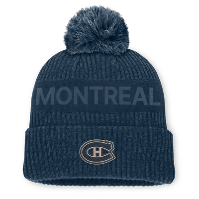 Bonnet tricoté à revers avec pompon, authentique Fanatics Pro Road, des Canadiens de Montréal - Bleu marine
