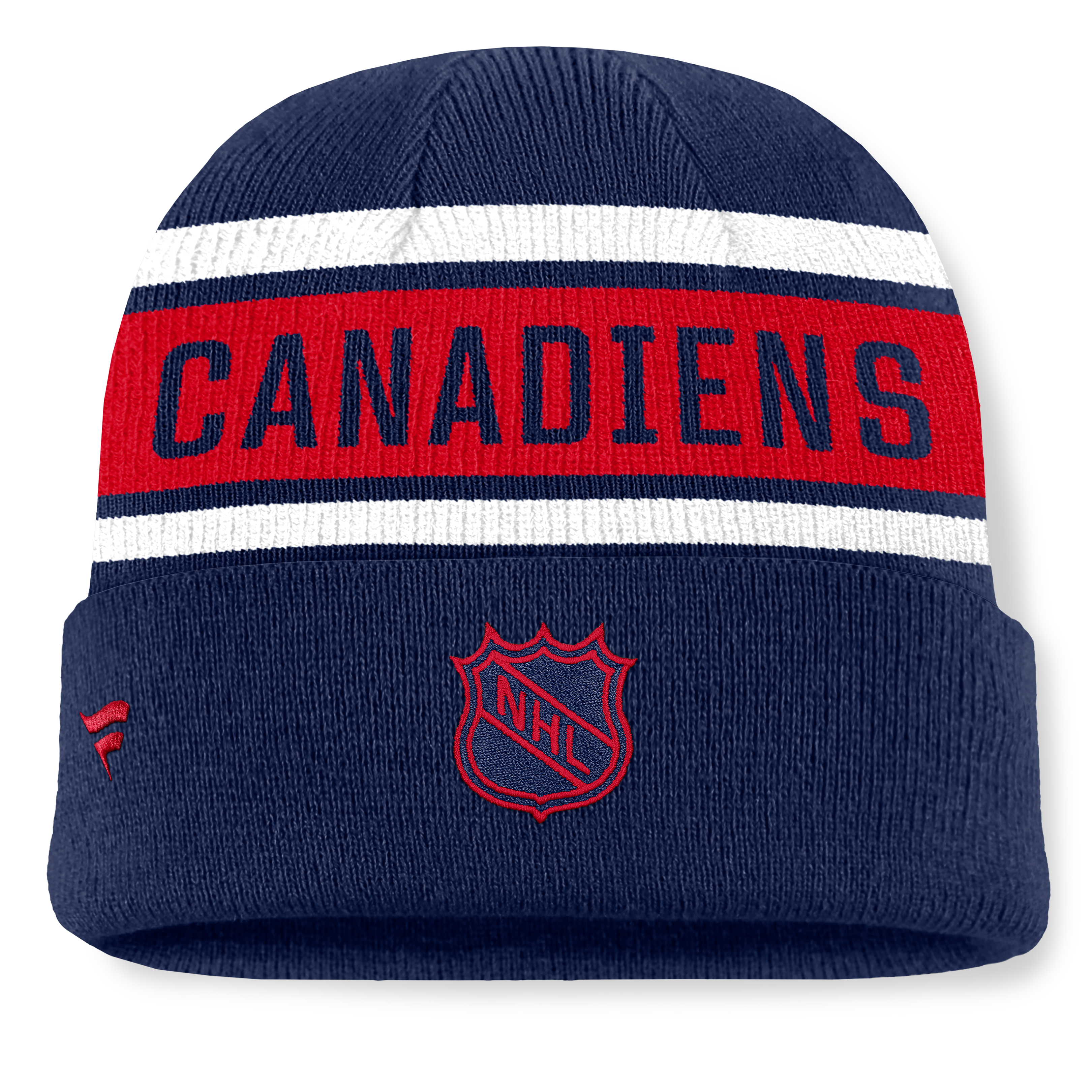 Bonnet tricoté à revers Fanatics bleu marine/rouge des Canadiens de Montréal pour homme