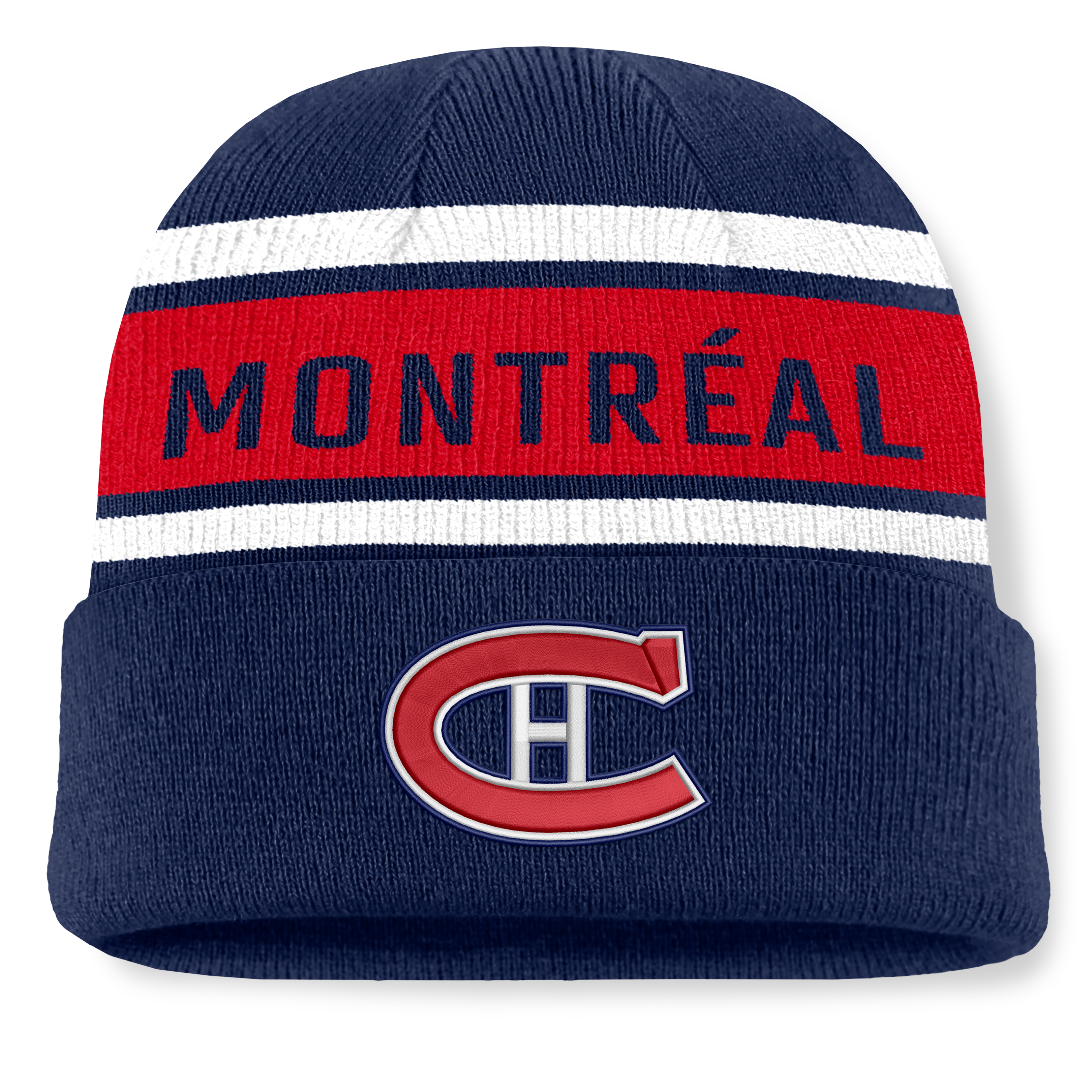 Bonnet tricoté à revers Fanatics bleu marine/rouge des Canadiens de Montréal pour homme
