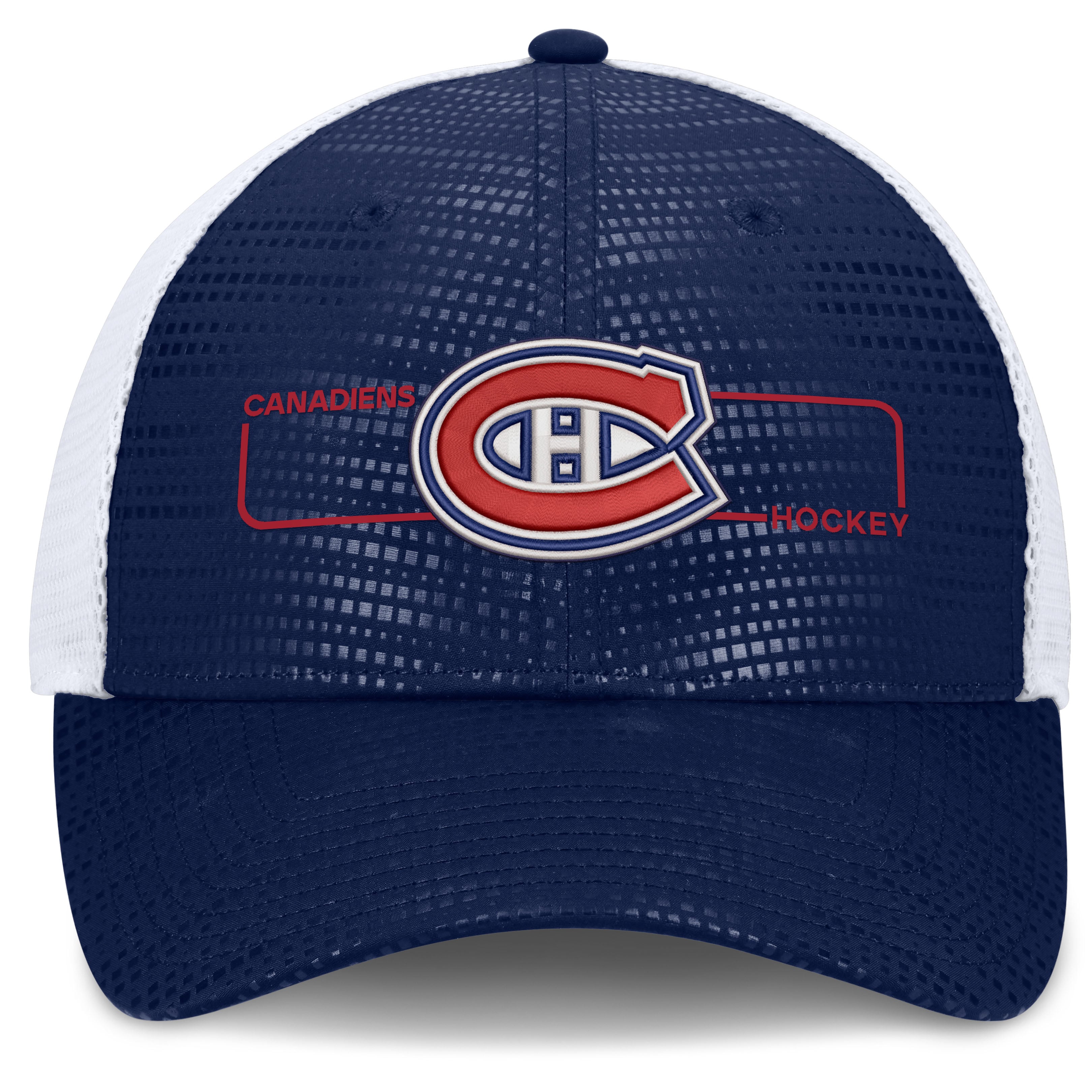 Men's Fanatics Navy/White Montreal Canadiens Authentic Pro Rink Boxed Logo Trucker Hat