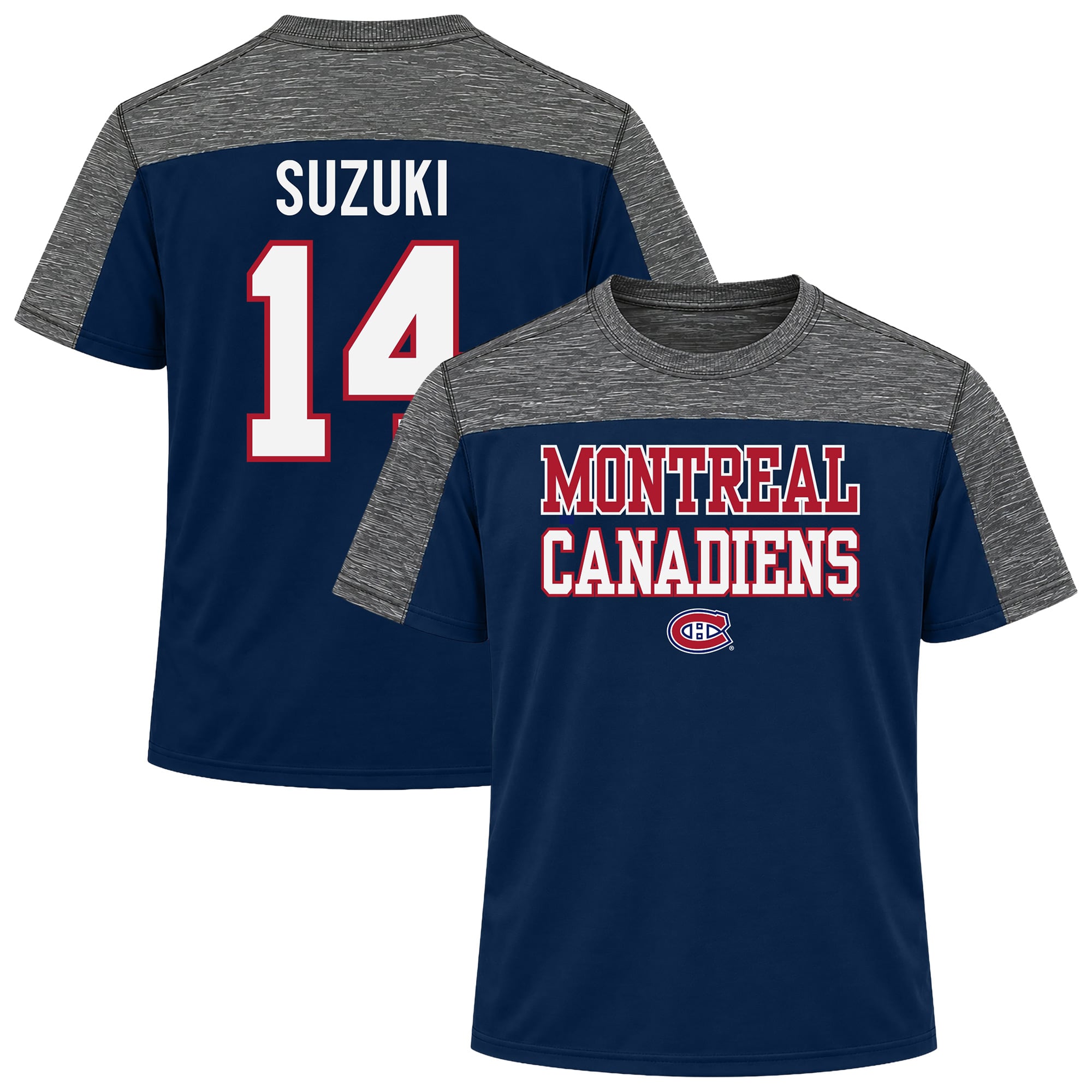 T-shirt Fanatics pour homme Nick Suzuki, bleu marine, Canadiens de Montréal, grandes tailles, nom et numéro, colorblock