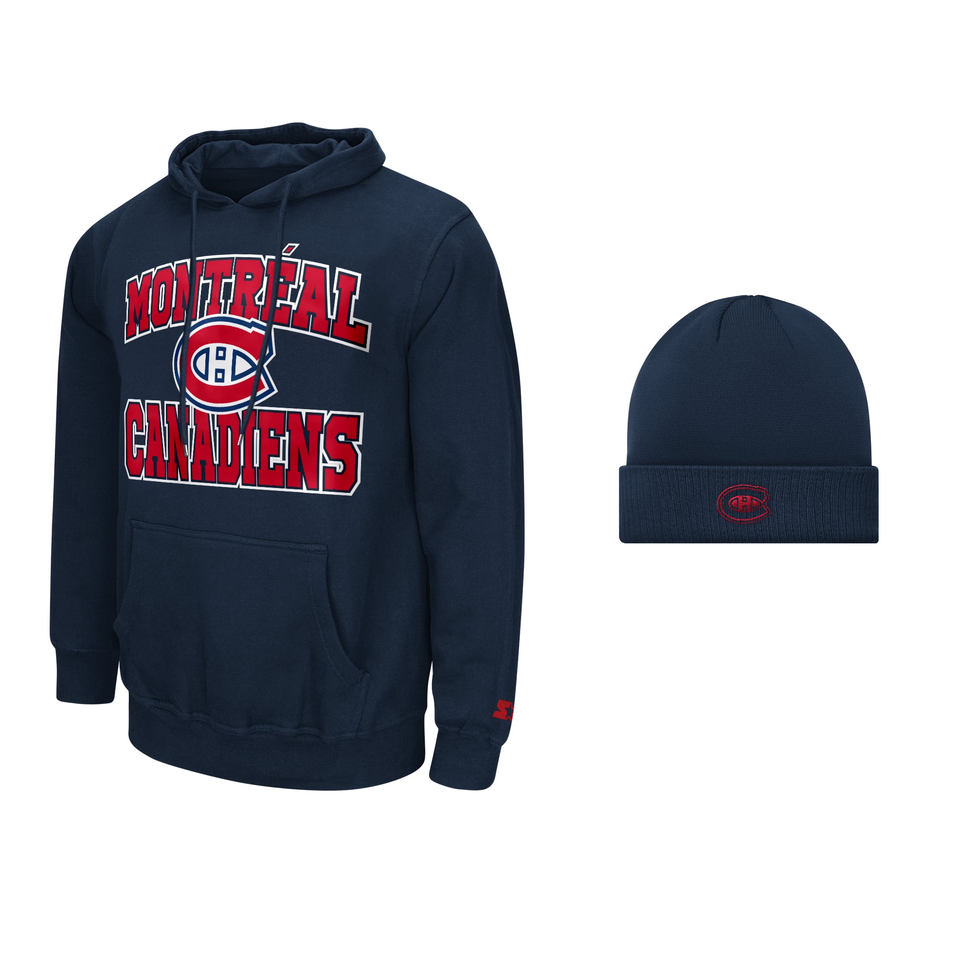 Ensemble de deux chandails à capuchon et bonnet tricoté Starter bleu marine des Canadiens Montréal pour hommes