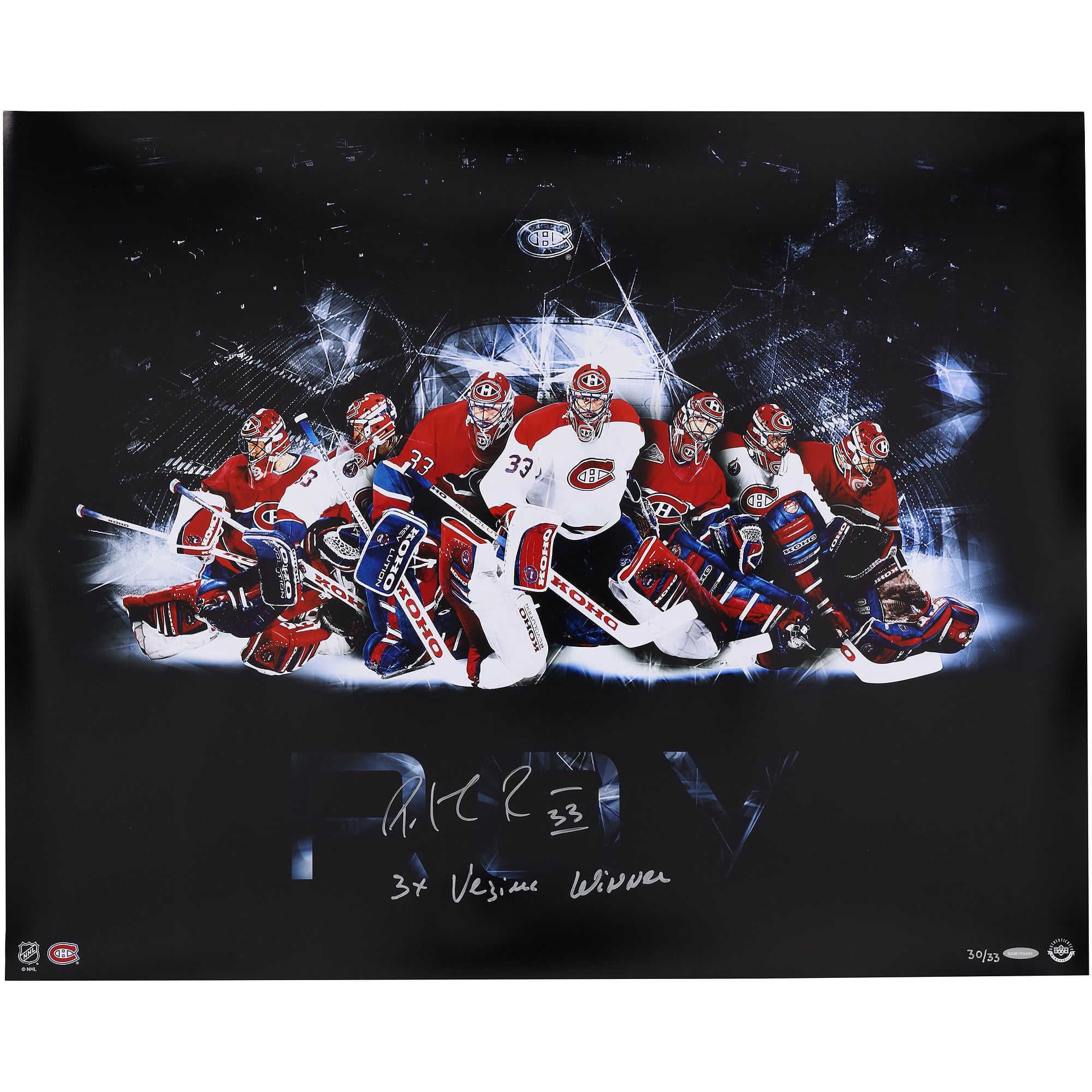 Photo panoramique autographiée de Patrick Roy (Canadiens de Montréal), 76 x 61 cm, avec inscription « 3 fois vainqueur du trophée Vézina » - Édition limitée à 33 exemplaires - Upper Deck