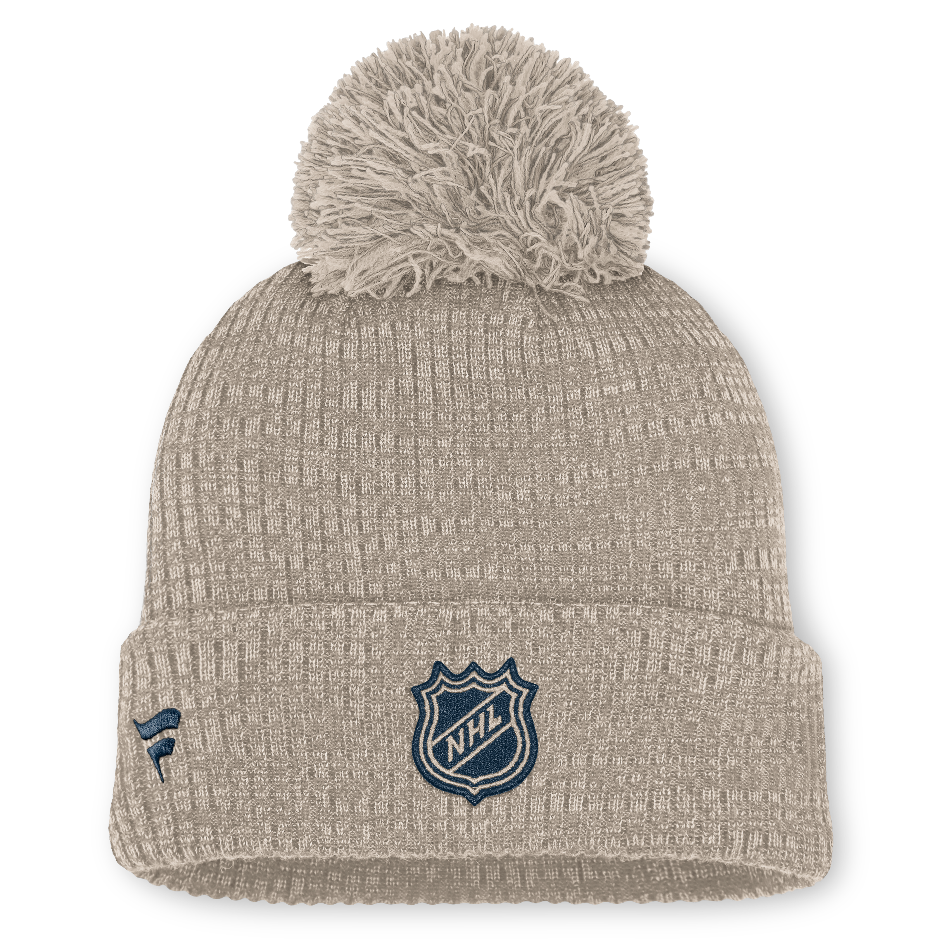 Bonnet tricoté à revers Fanatics beige clair pour femme, modèle authentique Pro Road des Canadiens de Montréal, avec pompon.