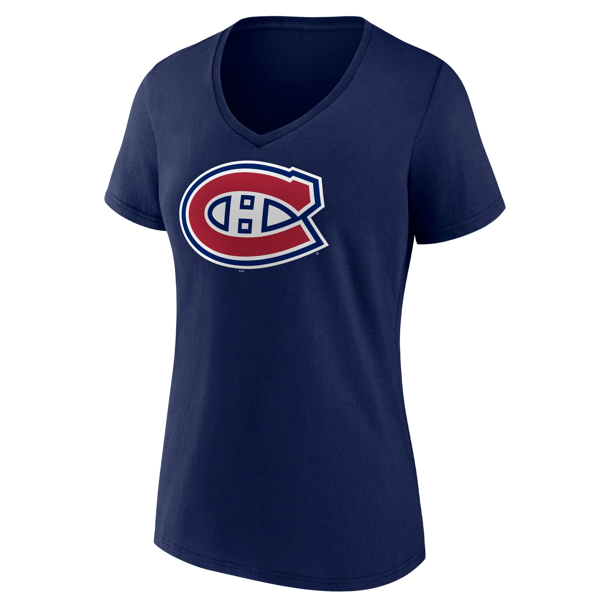 T-shirt à col en V Fanatics bleu marine pour femmes, logo principal des Canadiens de Montréal