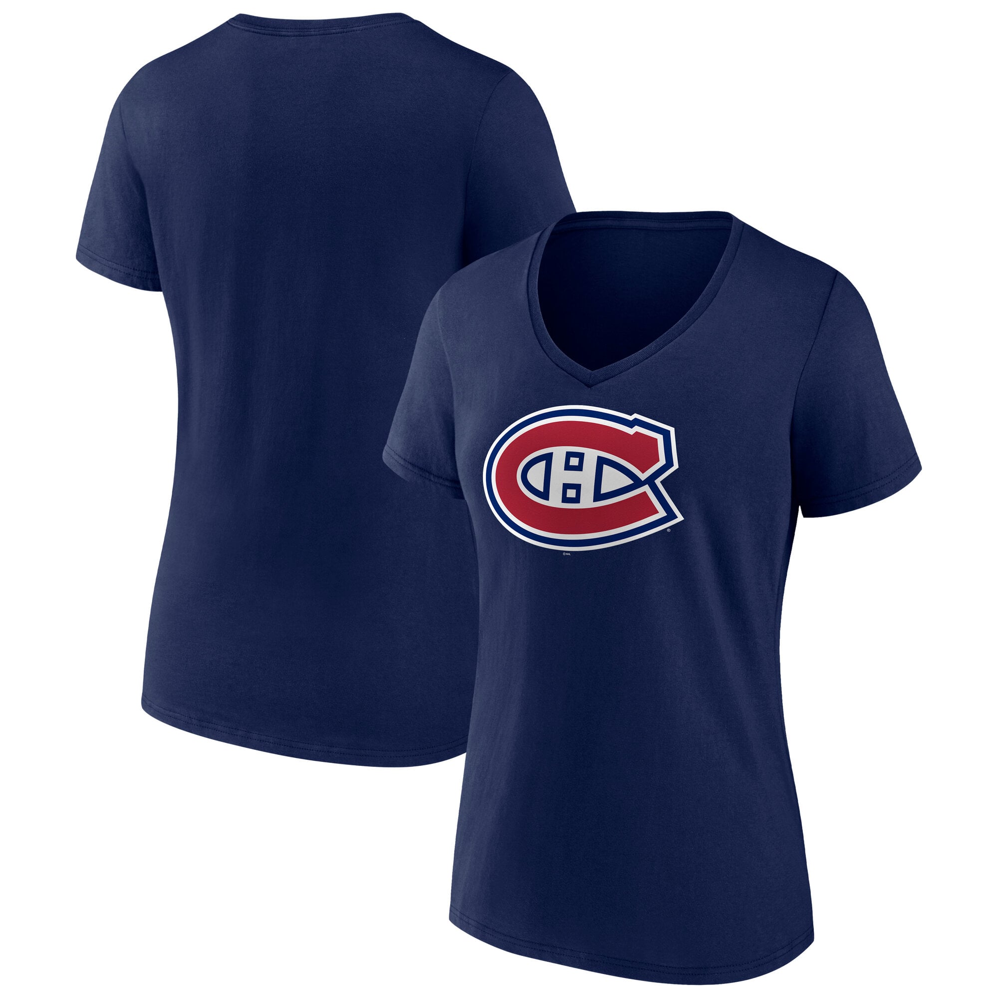 T-shirt à col en V Fanatics bleu marine pour femmes, logo principal des Canadiens de Montréal