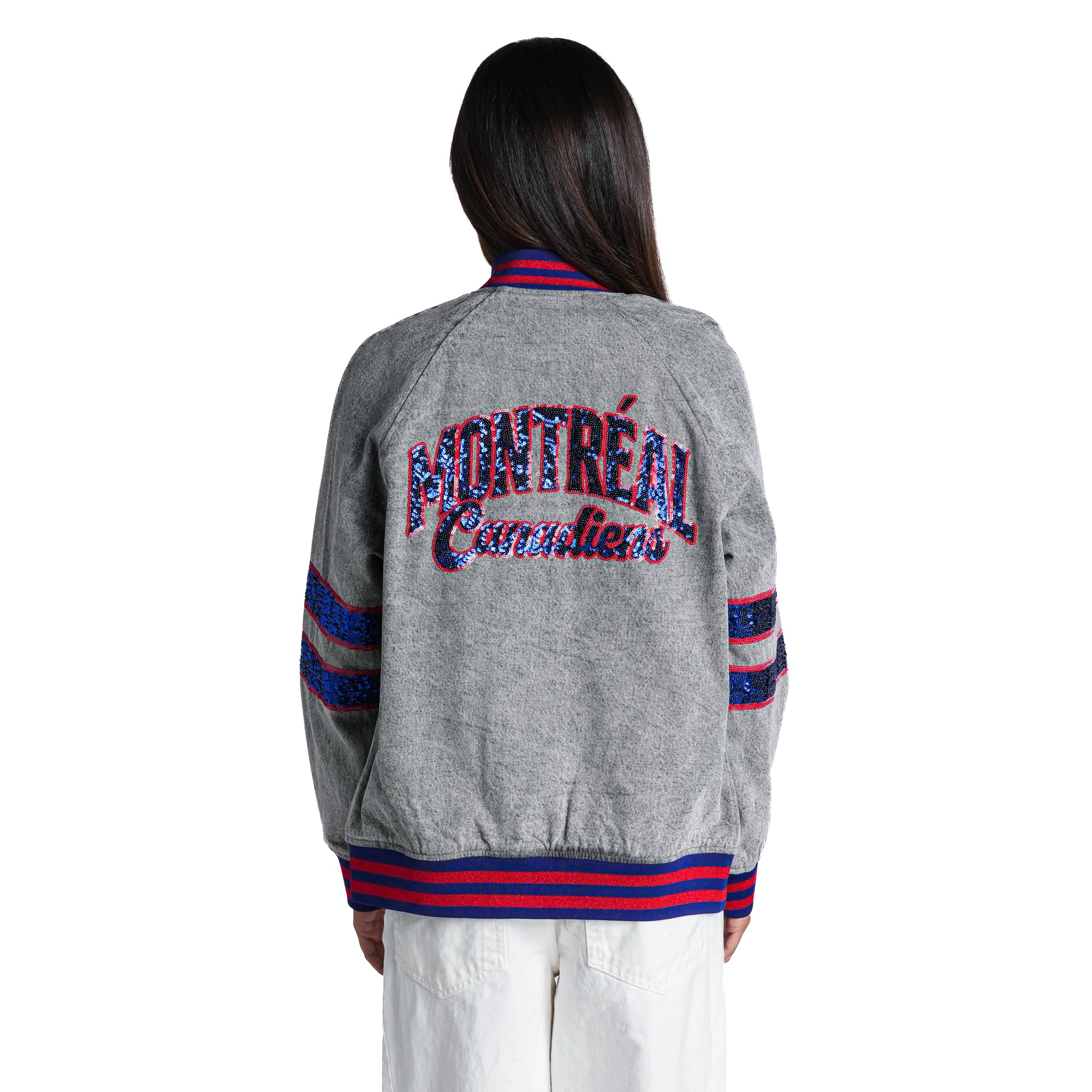 Women's The Wild Collective  Heather Gray Montreal Canadiens Denim Sequin Bomber Jacket