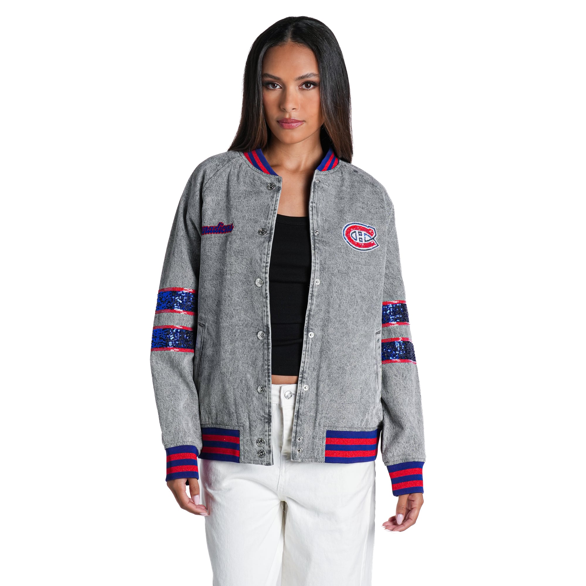 Women's The Wild Collective  Heather Gray Montreal Canadiens Denim Sequin Bomber Jacket