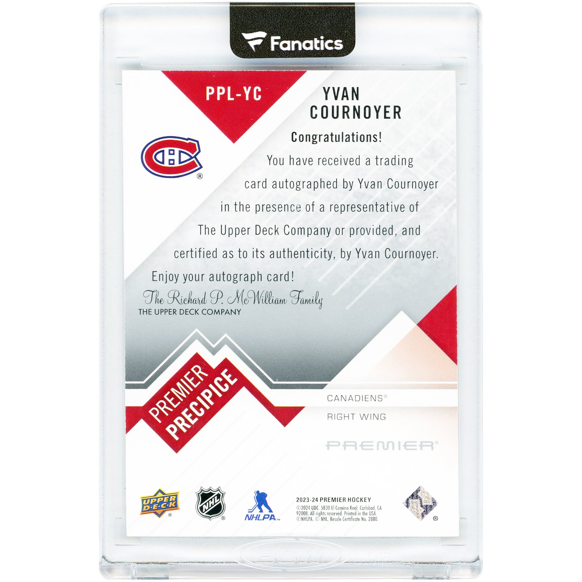 Yvan Cournoyer Canadiens de Montréal autographiés 2023-24 Upper Deck Premier Premier Precipice #PPL-YC Card