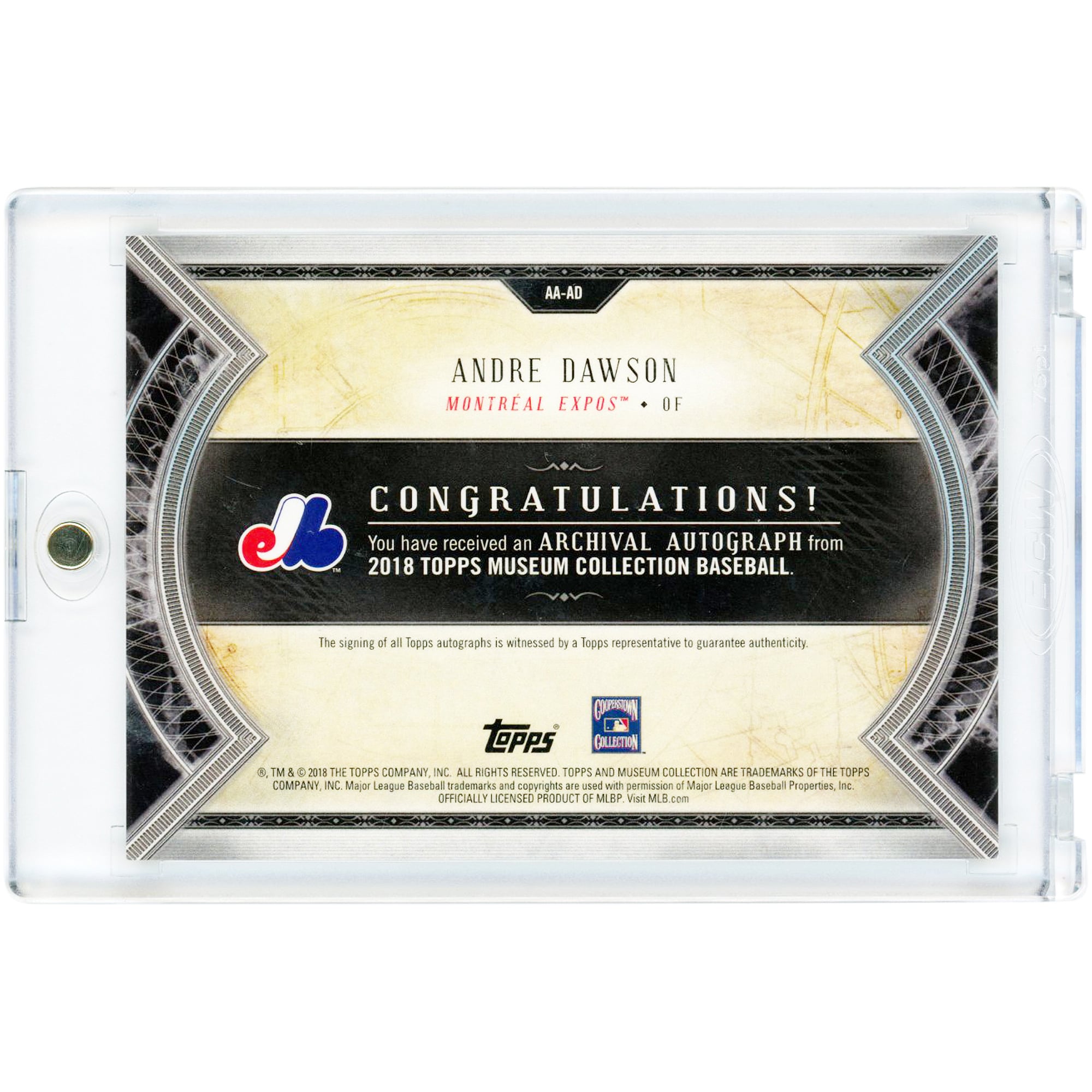 Carte autographiée d'André Dawson des Expos de Montréal, collection Topps Museum 2018, référence AA-AD, numéro 119/299
