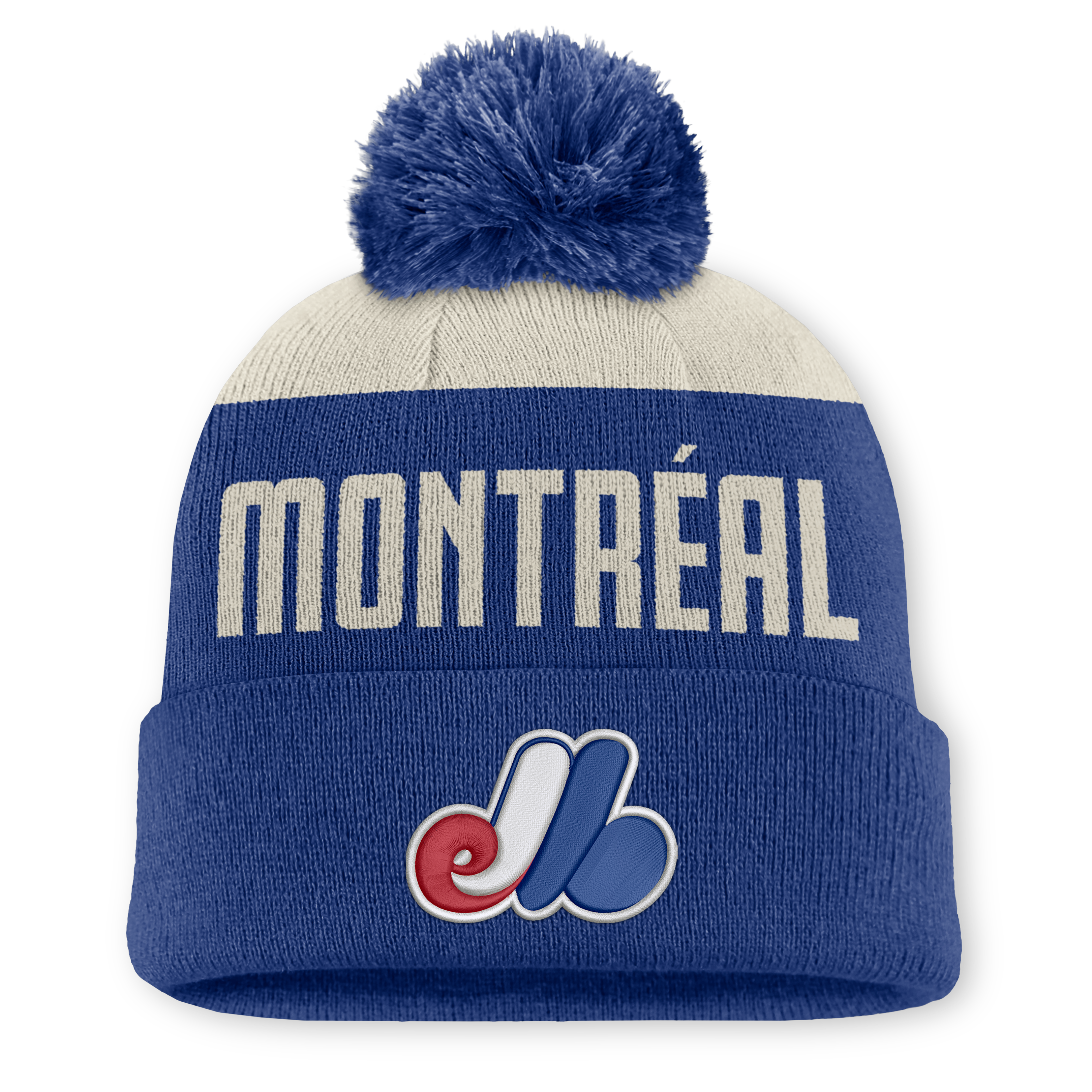Bonnet à revers Nike bleu et blanc pour homme, collection Cooperstown des Expos de Montréal, modèle Peak Standard, avec pompon.