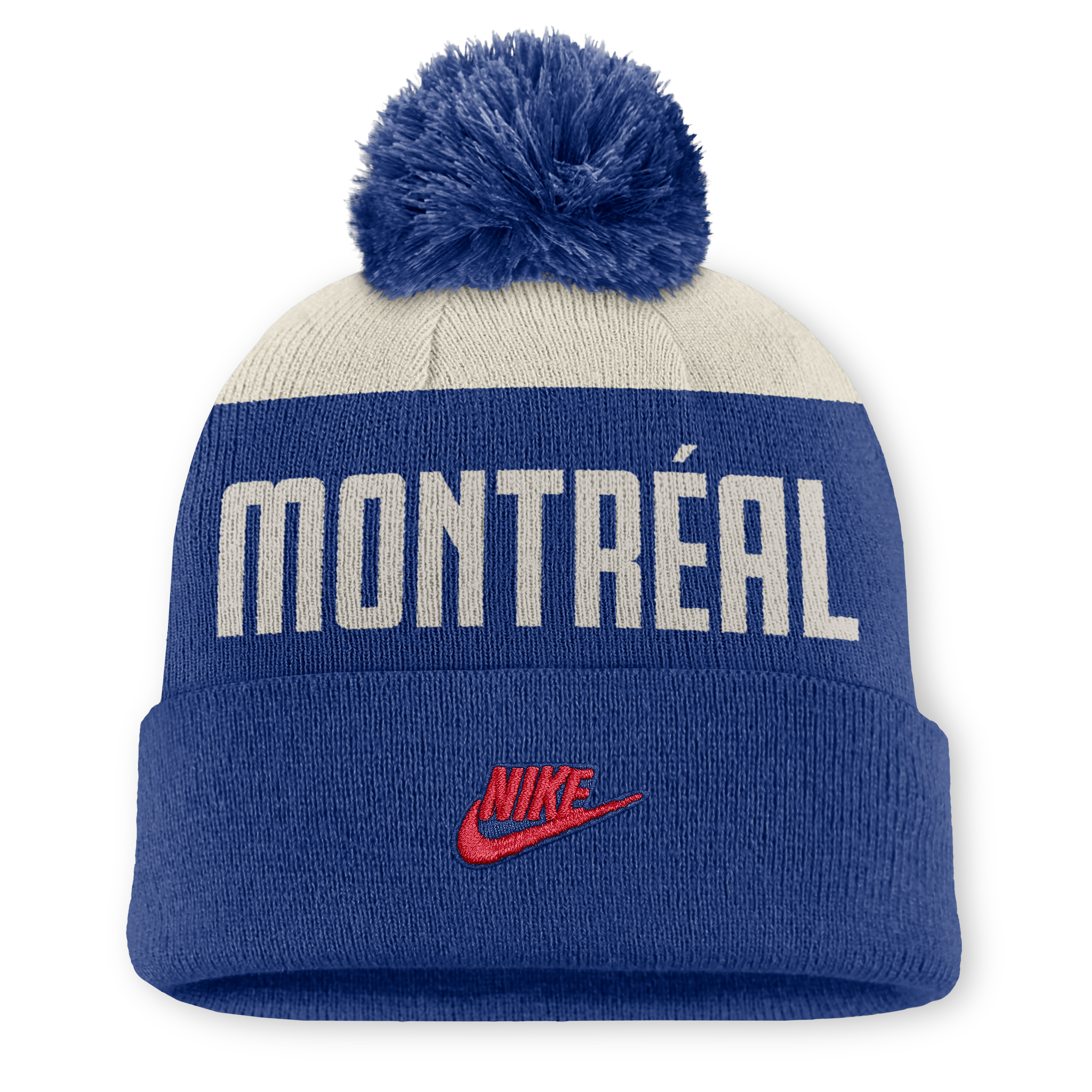 Bonnet à revers Nike bleu et blanc pour homme, collection Cooperstown des Expos de Montréal, modèle Peak Standard, avec pompon.