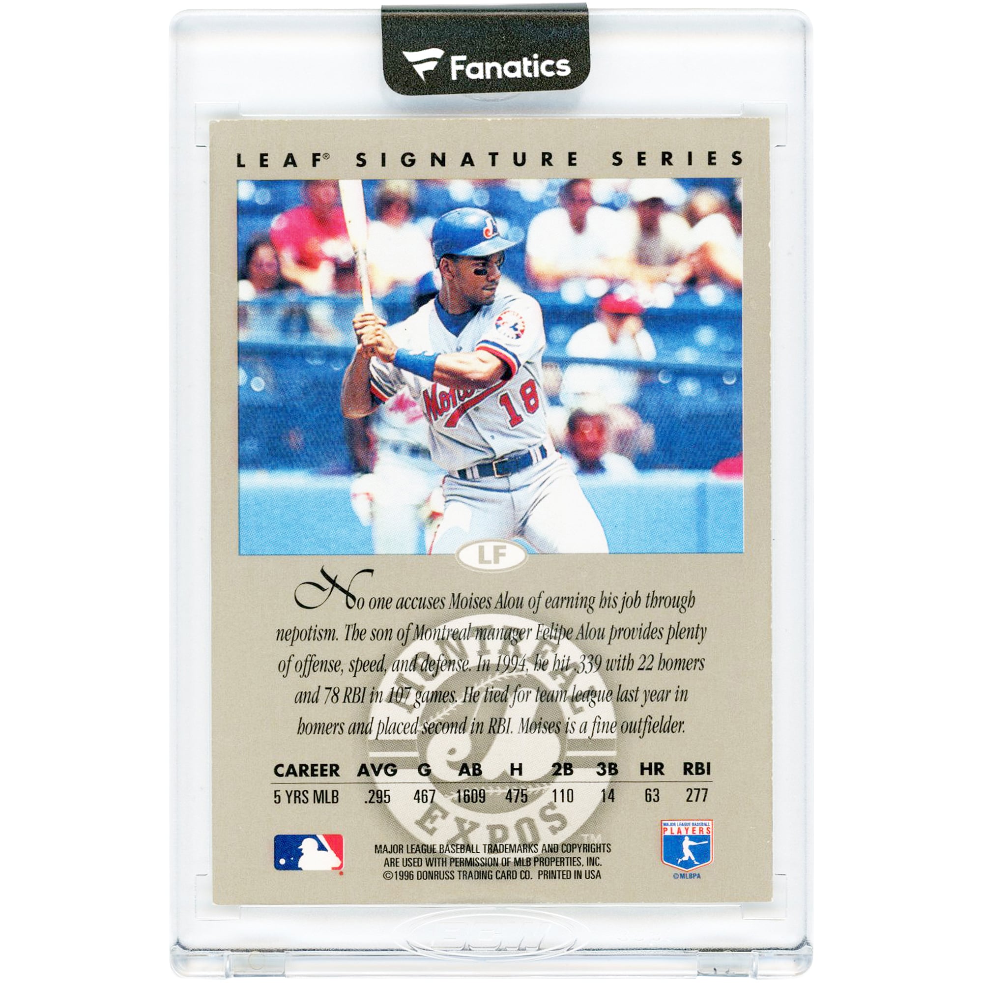 Carte autographiée par Moises Alou des Expos de Montréal, série Donruss Leaf Signature, bronze, 1996, n° NNO