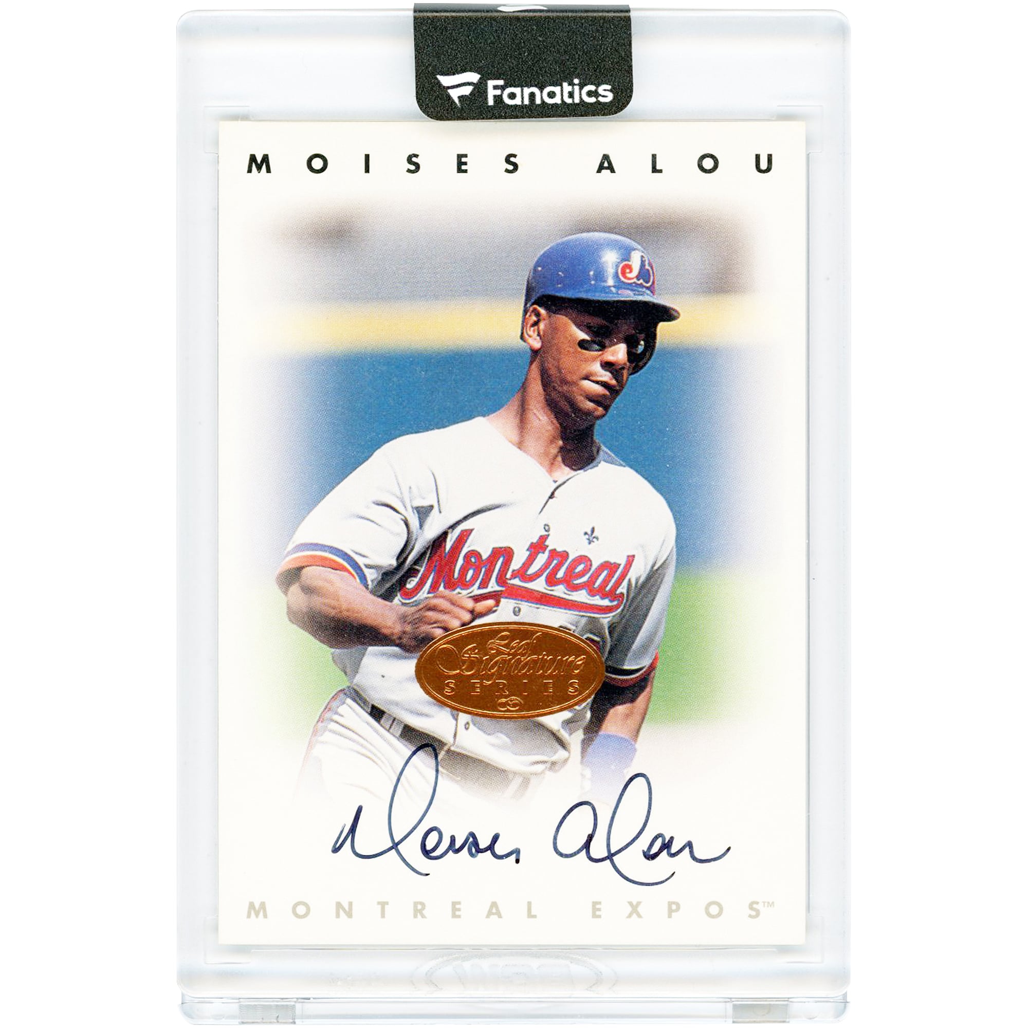 Carte autographiée par Moises Alou des Expos de Montréal, série Donruss Leaf Signature, bronze, 1996, n° NNO