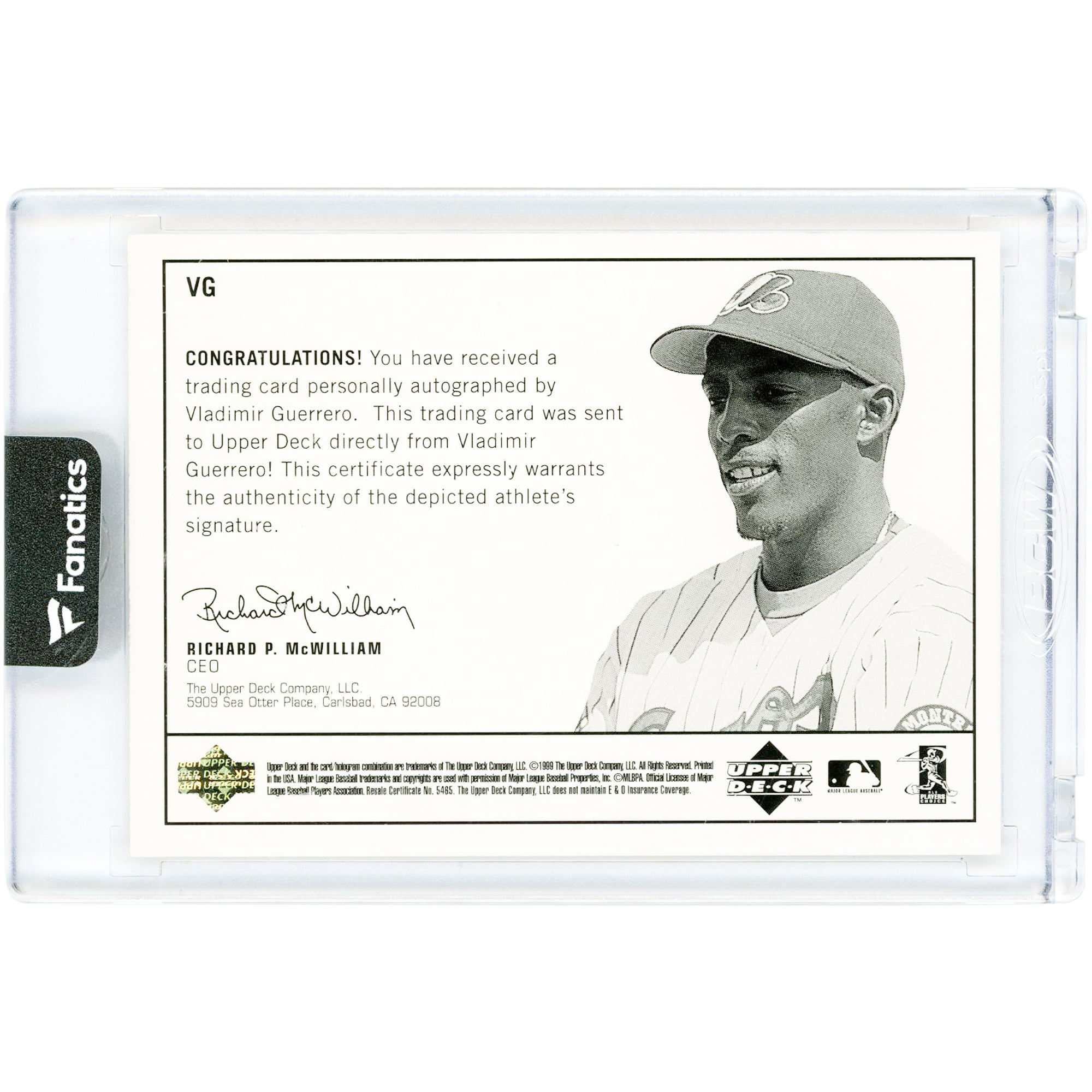 Carte autographiée de Vladimir Guerrero (Expos de Montréal) de la collection Upper Deck Century Legends Epic Signatures de 1999, en très bon état (VG).