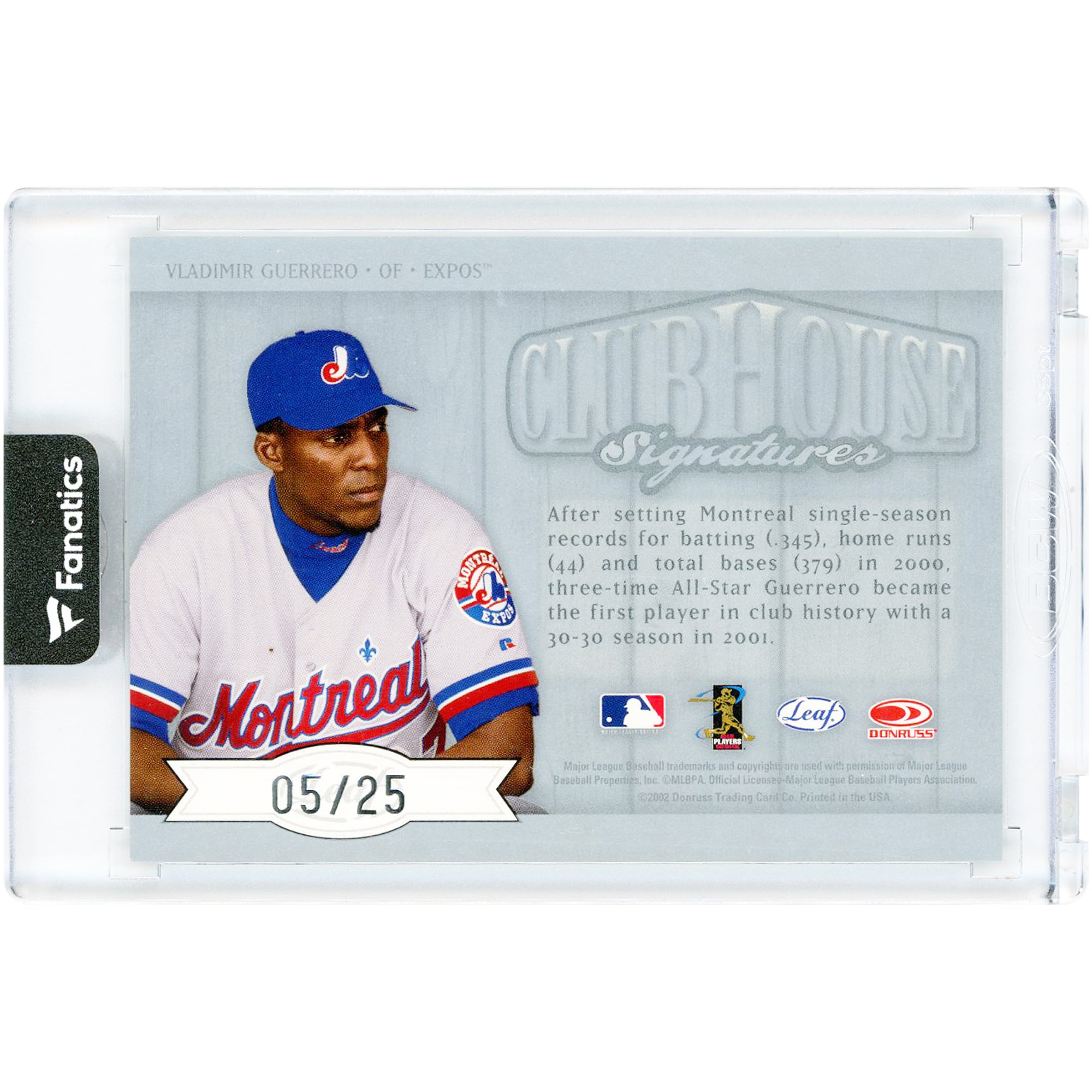 Vladimir Guerrero Montreal Expos Autographed 2002 Donruss Leaf Clubhouse Signatures #NNO #5/25 Card