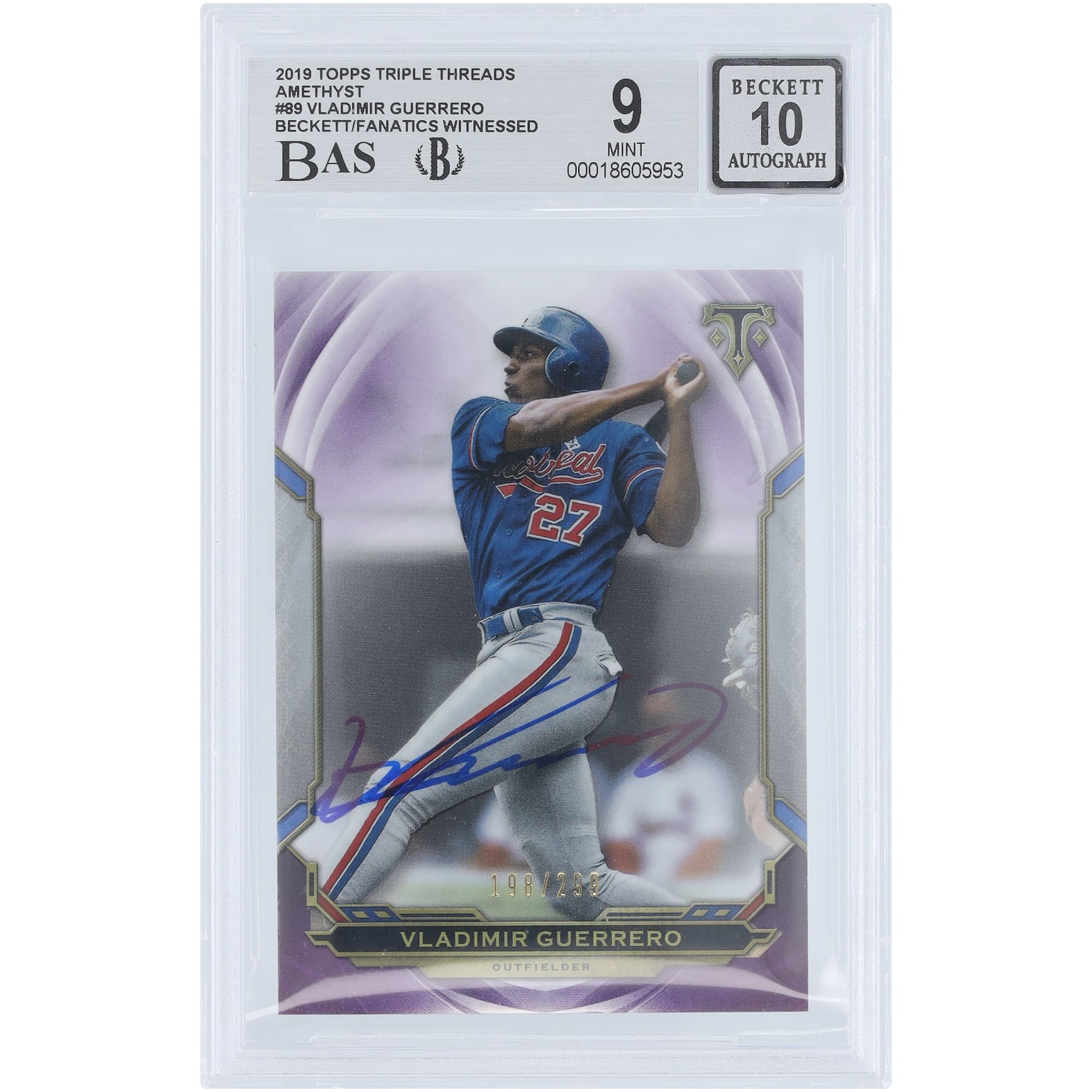 Vladimir Guerrero Montreal Expos Autographed 2019 Topps Triple Threads Amethyst #89 #/299 Beckett Fanatics Witnessed Authenticated 9/10 Card