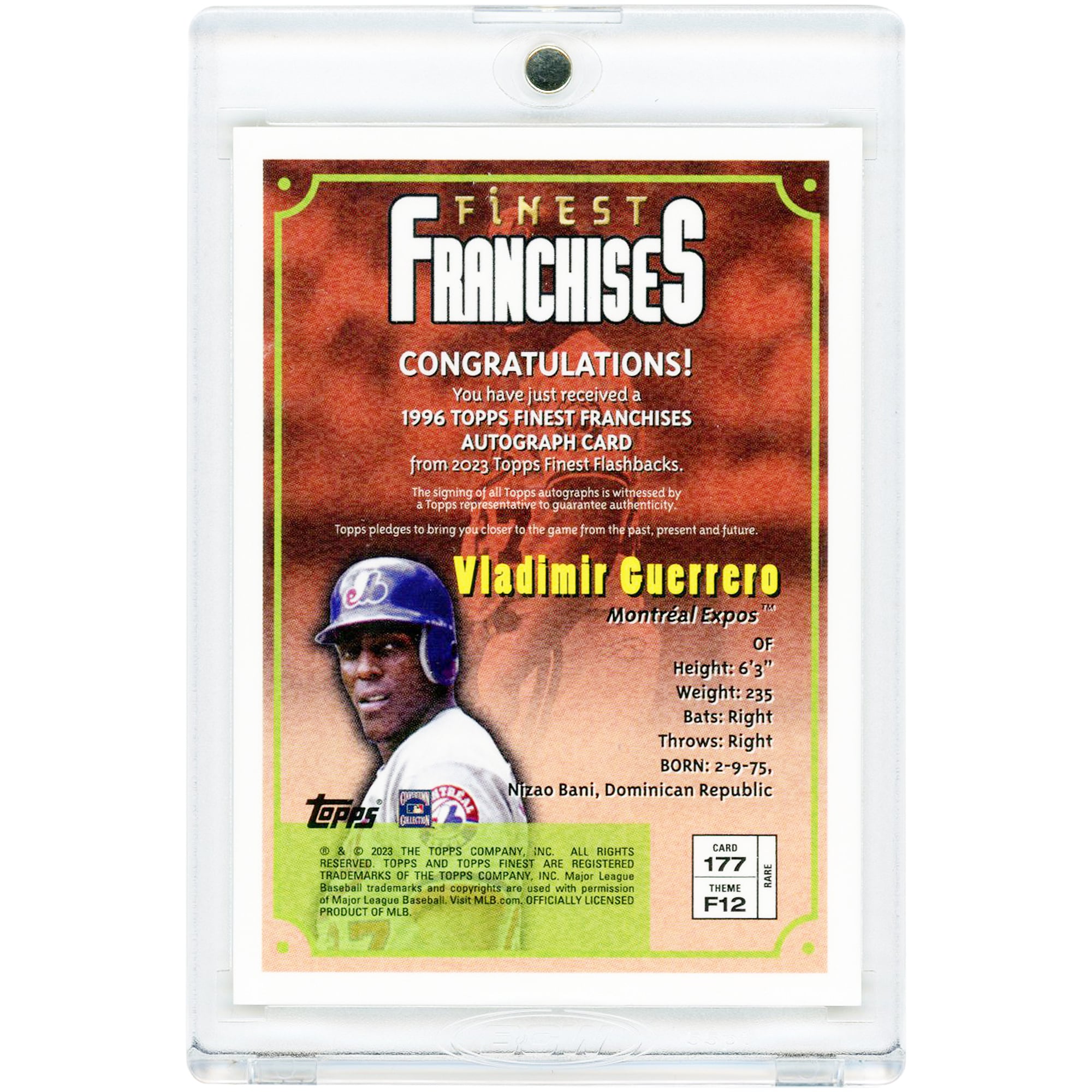 Vladimir Guerrero Montreal Expos Autographed 2023 Topps Finest 1996 Topps Finest Franchise Design #177 #34/100 Card