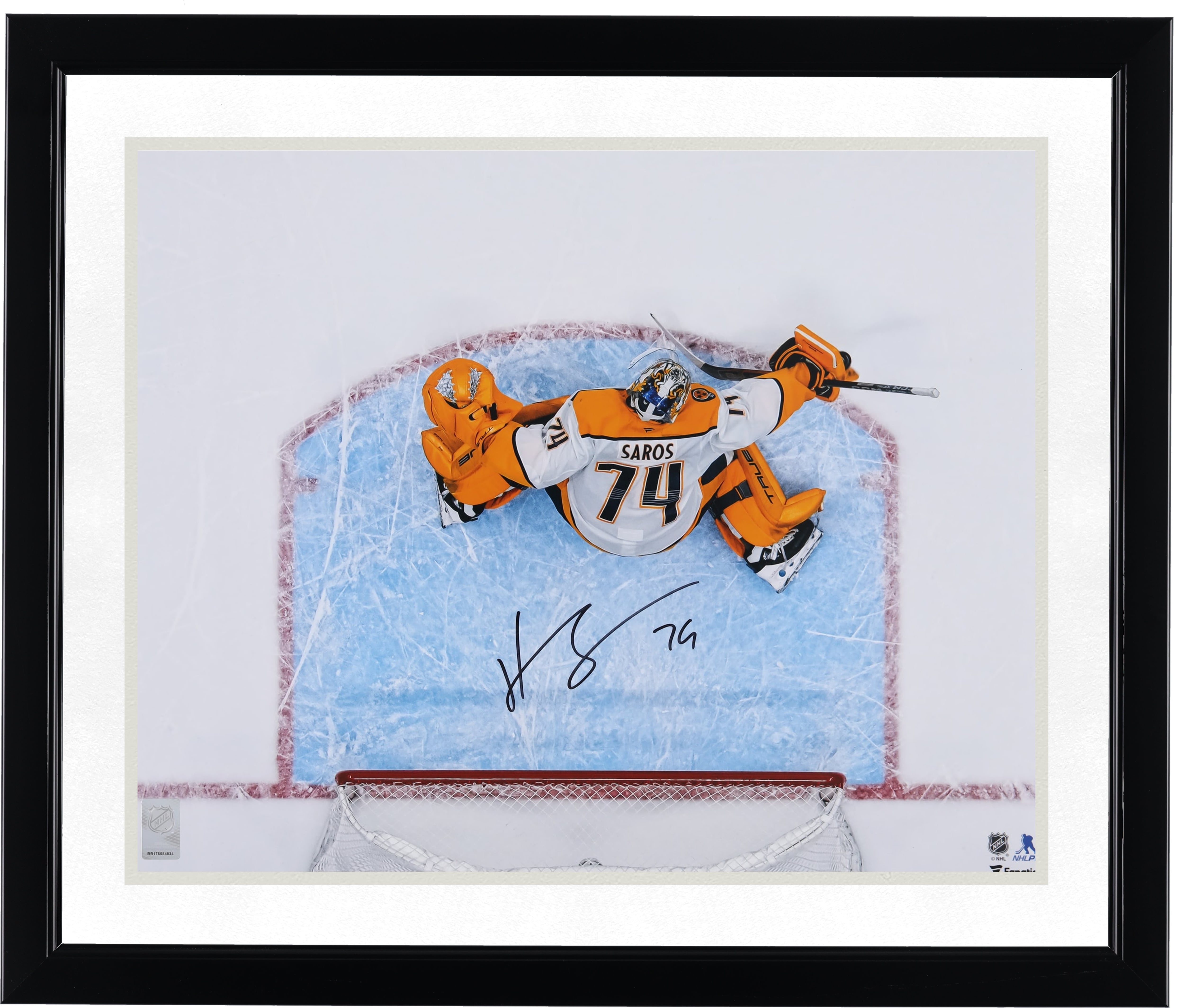 Juuse Saros Nashville Predators Autographed 16" x 20" White Jersey Overhead Making Save Photograph