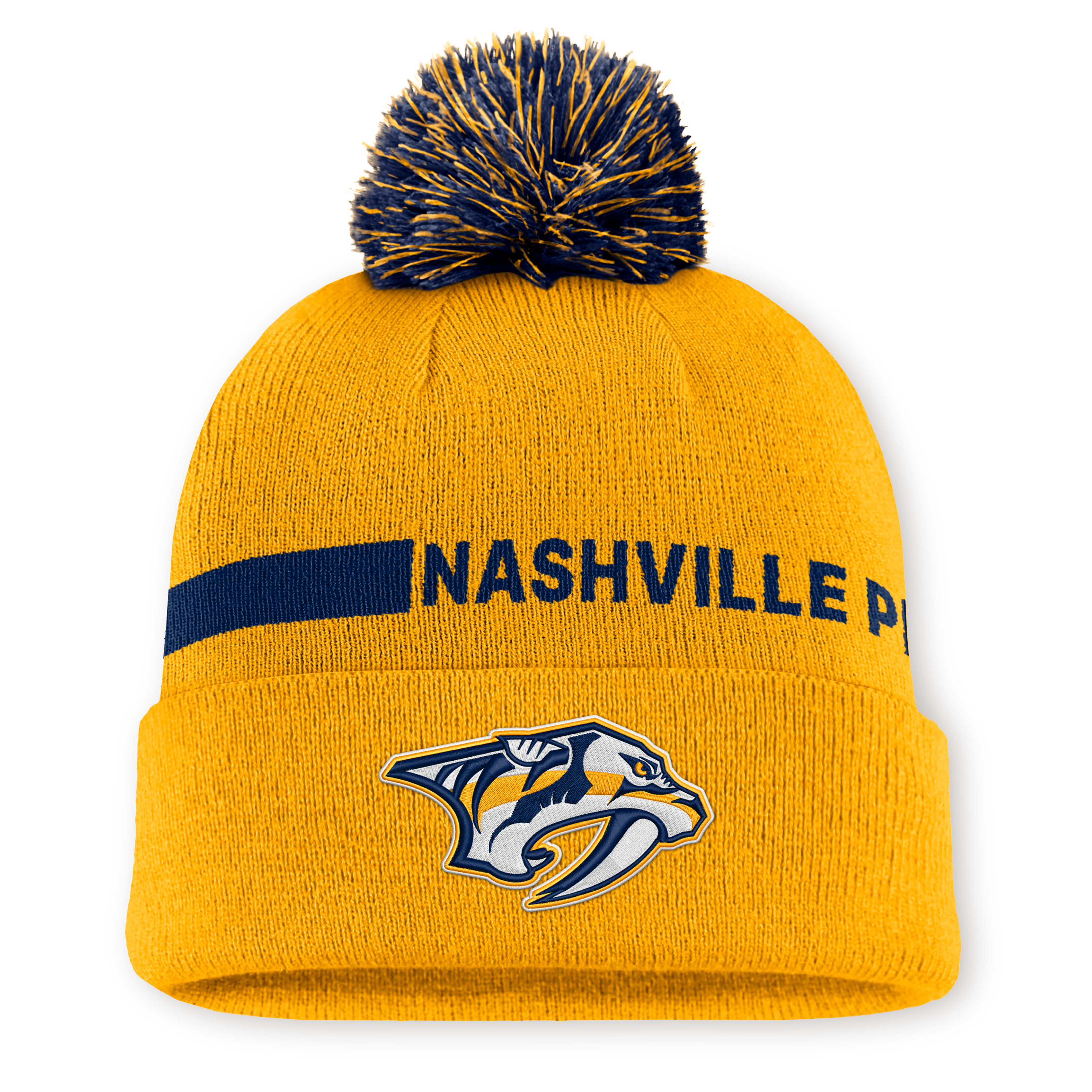 Bonnet tricoté à revers Fanatics Gold Nashville Predators Authentic Pro Rink pour homme avec pompon
