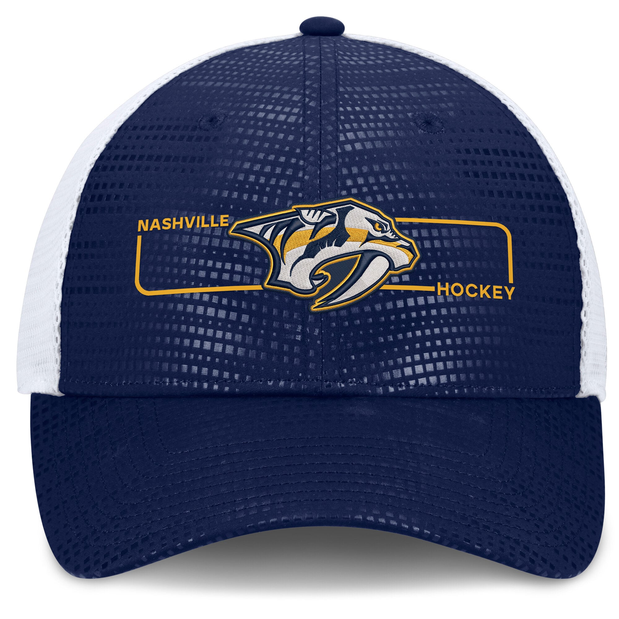 Men's Fanatics Navy Nashville Predators Authentic Pro Rink Boxed Logo Trucker Hat