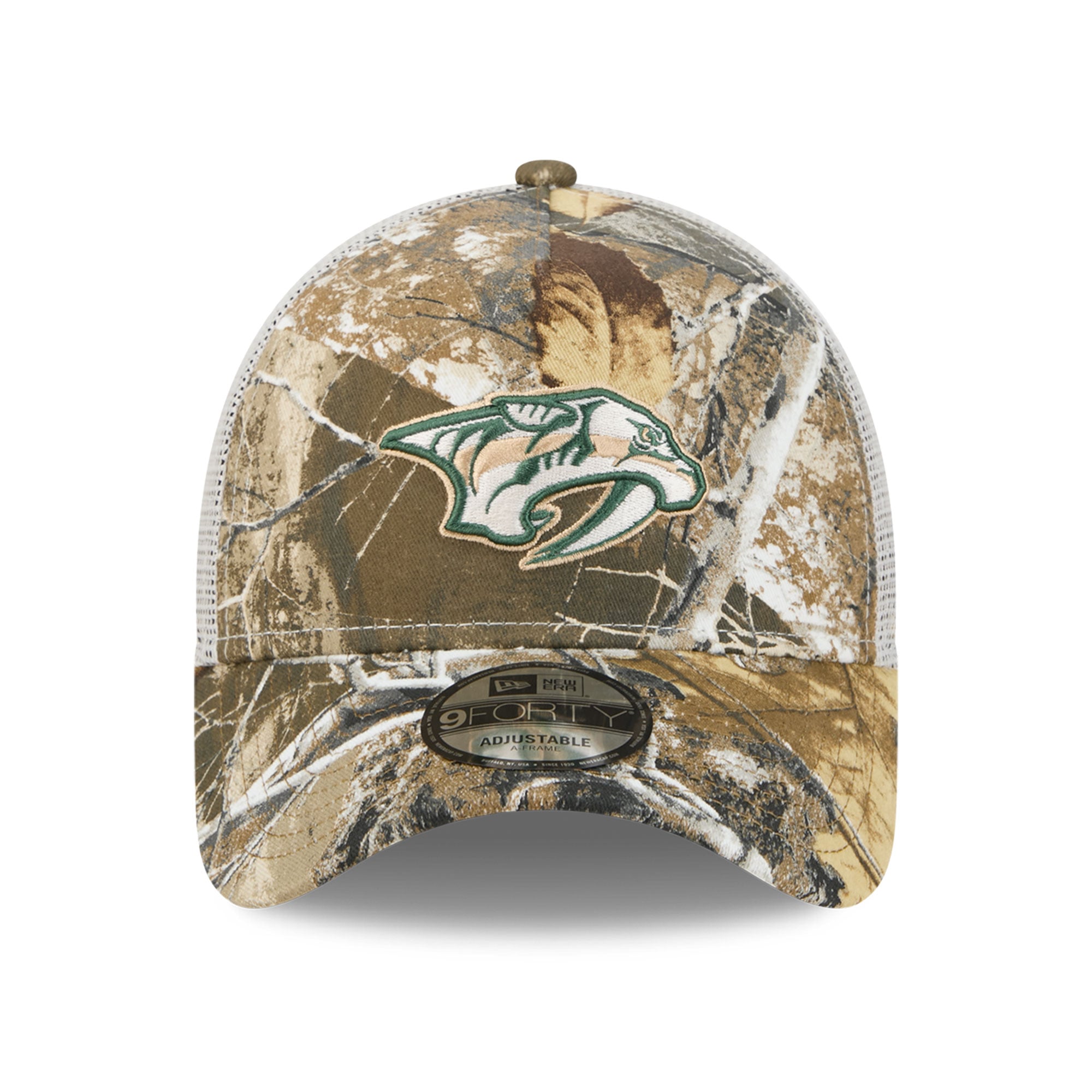 Casquette trucker ajustable New Era Nashville Predators Real Tree A-Frame 9FORTY pour homme
