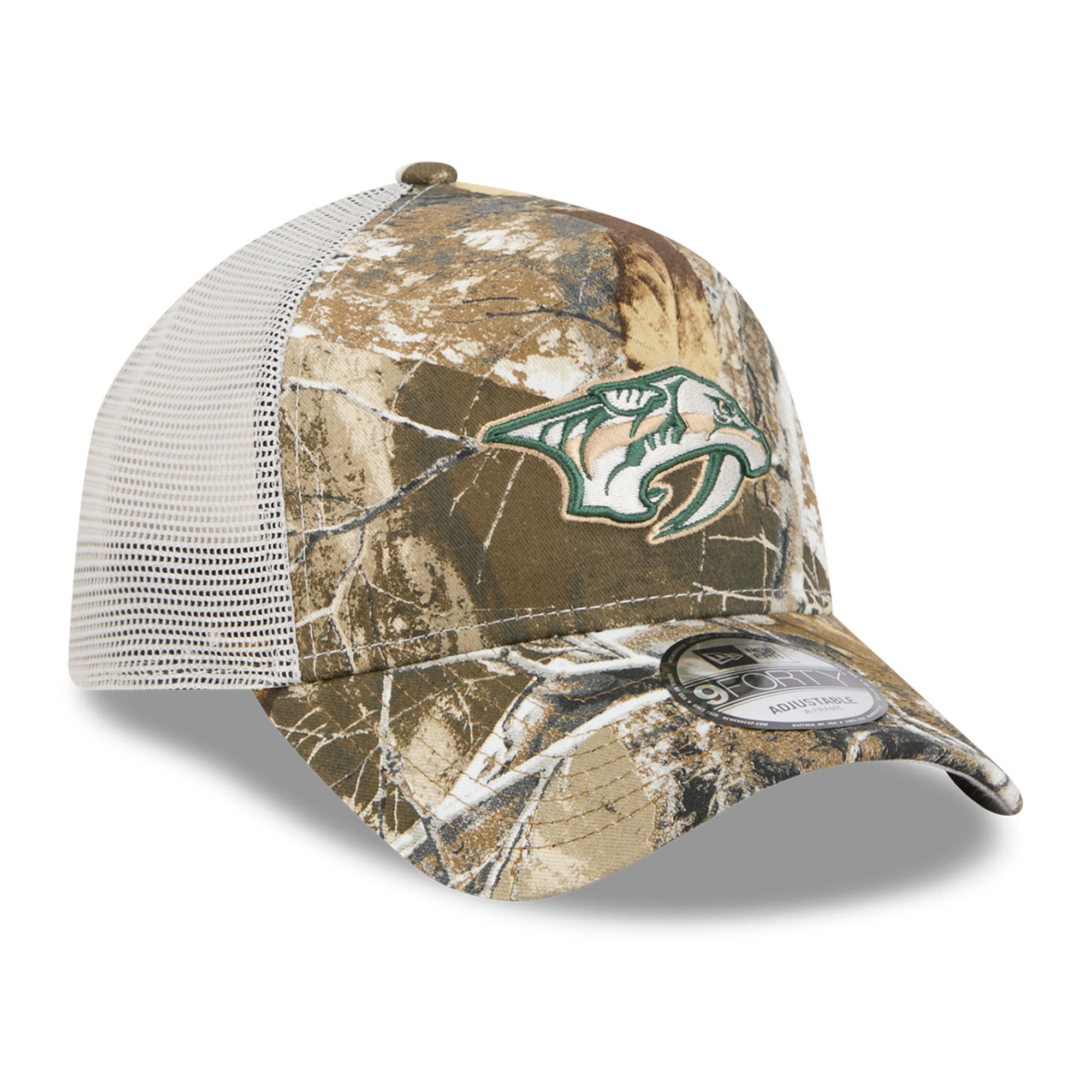 Casquette trucker ajustable New Era Nashville Predators Real Tree A-Frame 9FORTY pour homme