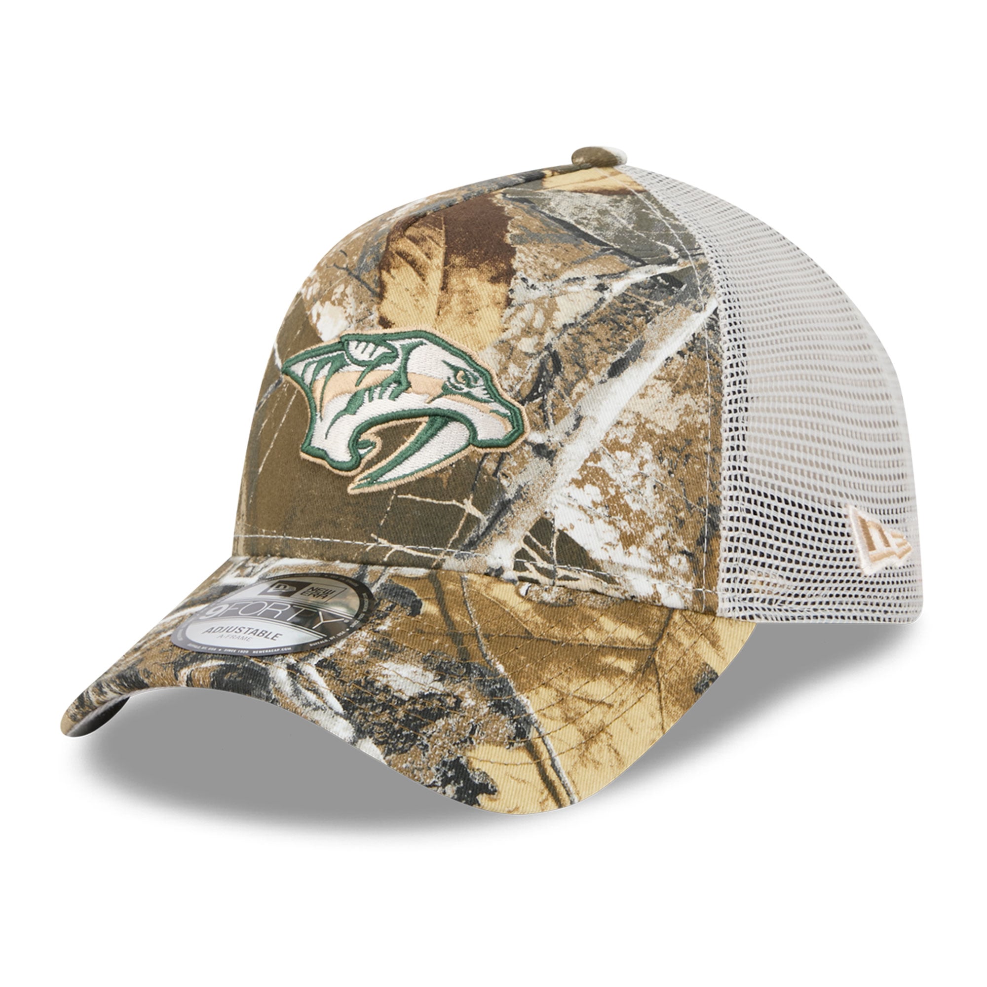 Casquette trucker ajustable New Era Nashville Predators Real Tree A-Frame 9FORTY pour homme