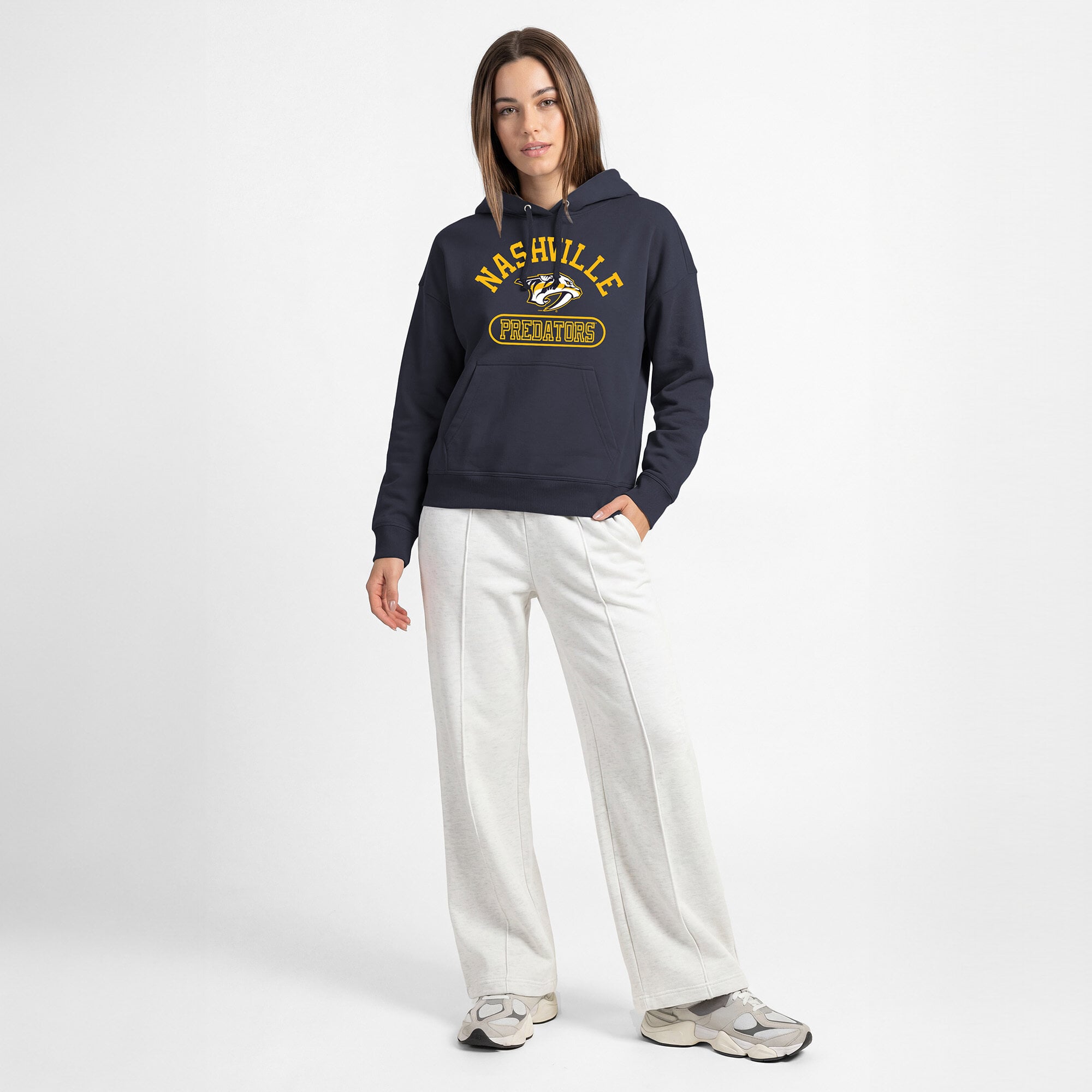 Women's Champion Navy Nashville Predators Arched Pill Box Hoodie