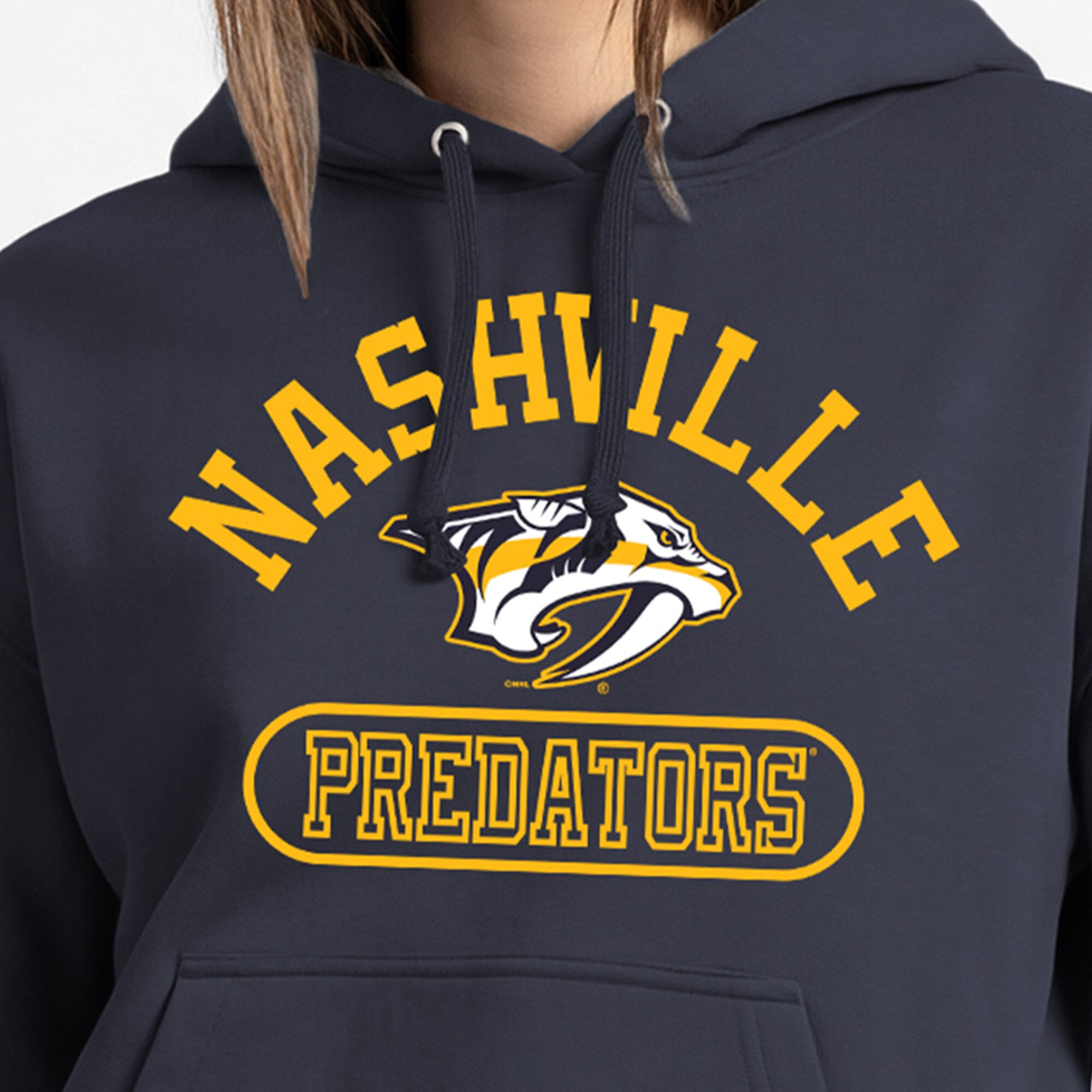 Women's Champion Navy Nashville Predators Arched Pill Box Hoodie