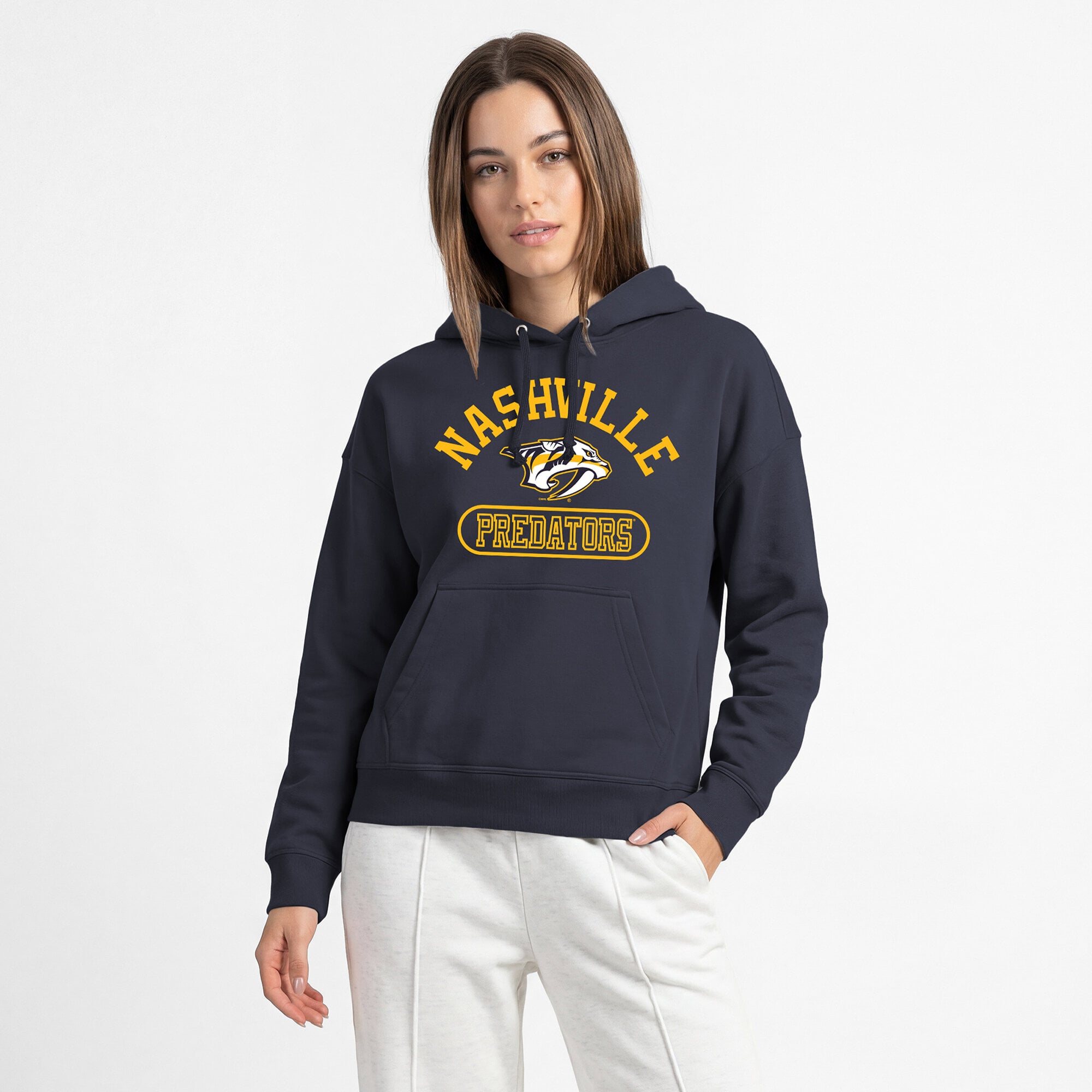 Women's Champion Navy Nashville Predators Arched Pill Box Hoodie