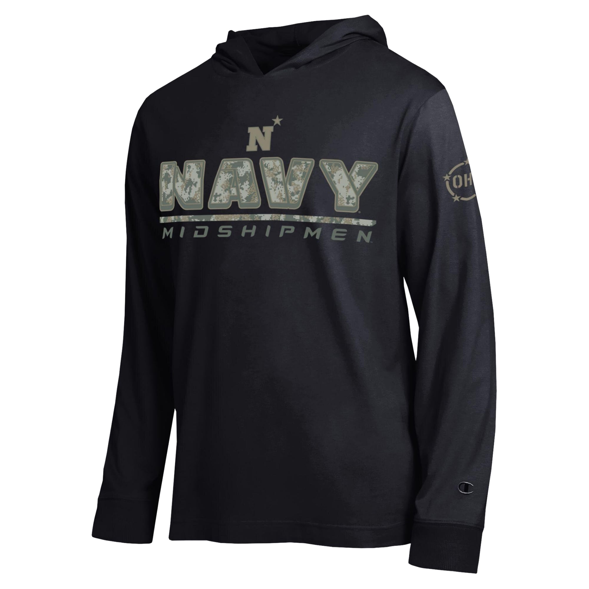 T-shirt à capuche manches longues Champion noir et marine Midshipmen Operation Hat Trick Camo Script pour homme