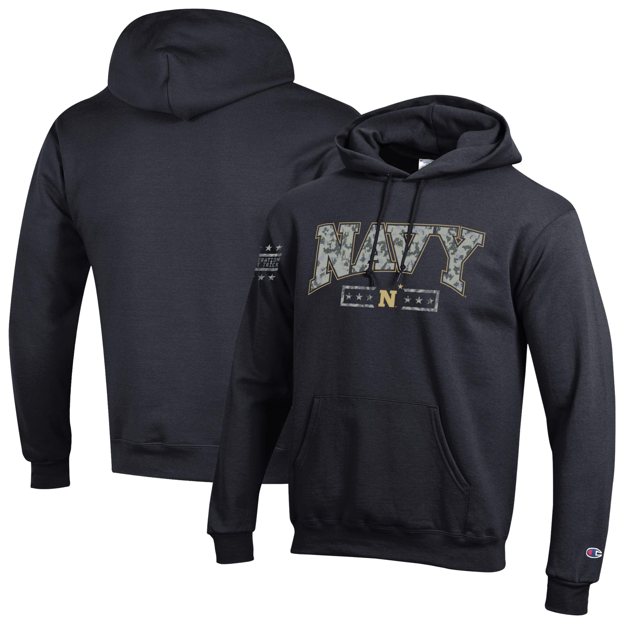 Men's Champion Black Navy Midshipmen Operation Hat Trick Camo Script Powerblend Fleece Hoodie