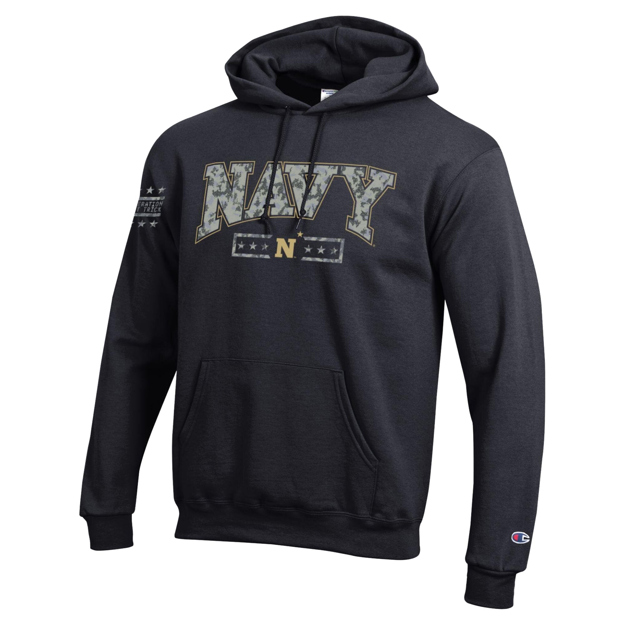 Men's Champion Black Navy Midshipmen Operation Hat Trick Camo Script Powerblend Fleece Hoodie