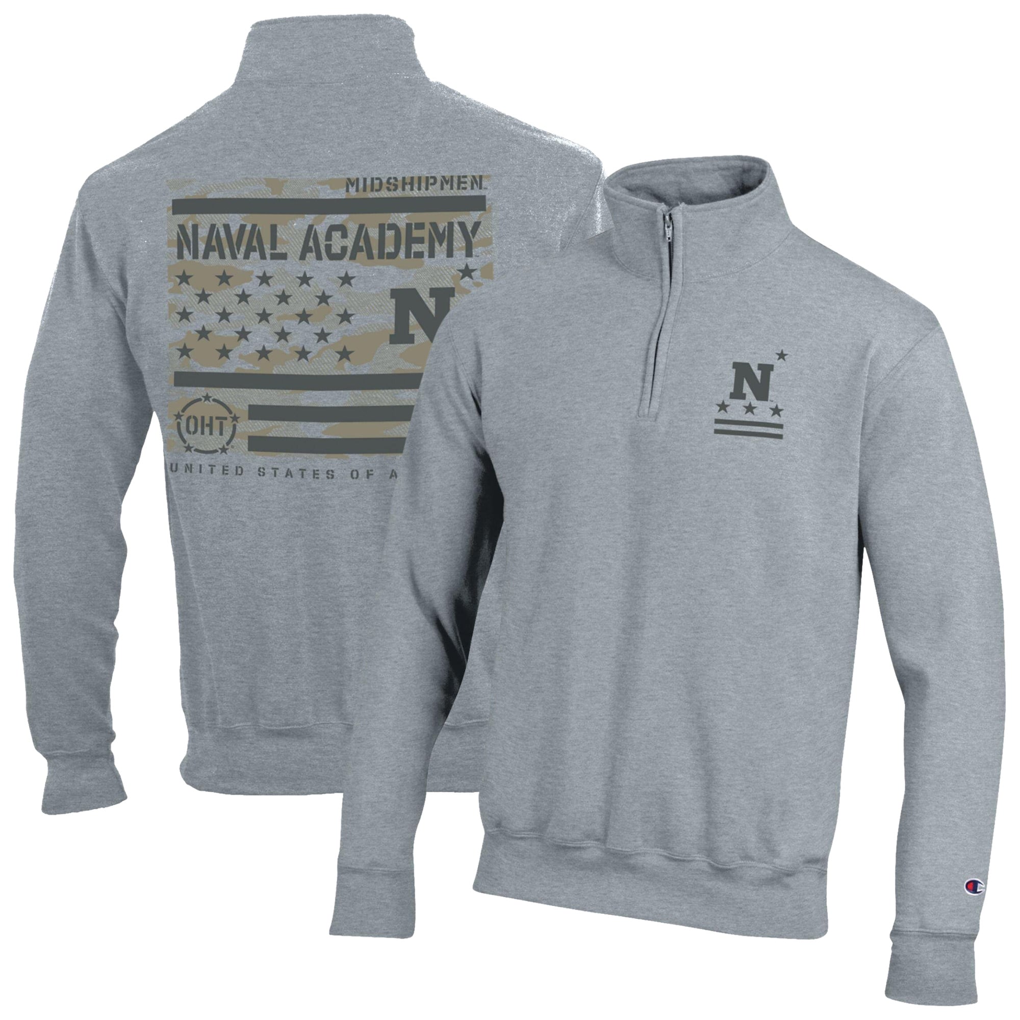 Men's Champion  Gray Navy Midshipmen Operation Hat Trick Flag Powerblend Fleece Quarter-Zip Pullover