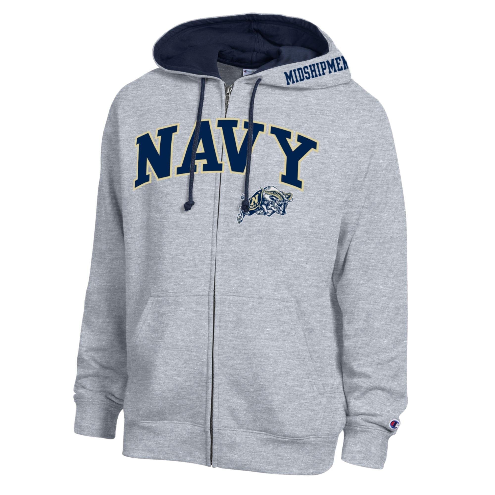 Sweat à capuche zippé en polaire Champion pour homme, gris chiné marine, logo Midshipmen Arch.
