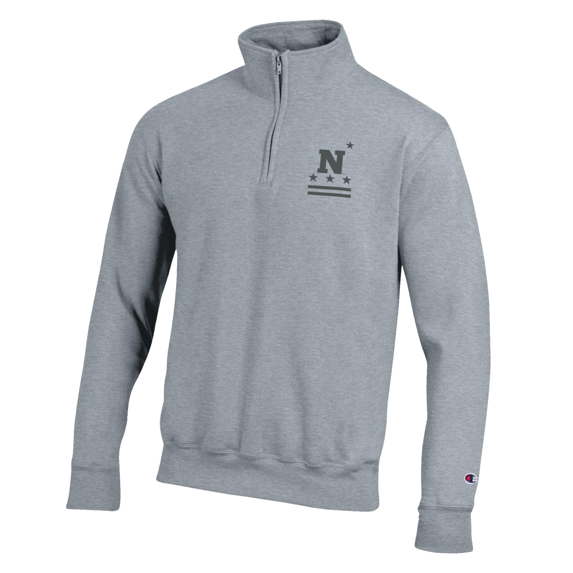 Pull-over à col zippé Champion pour homme, gris chiné, marine, motif Midshipmen Operation Hat Trick Flag, en polaire Powerblend.