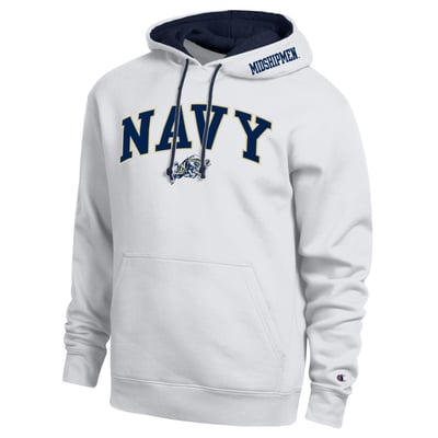  Navy Midshipmen Champion Arch Tackle Twill Hoodie - White
