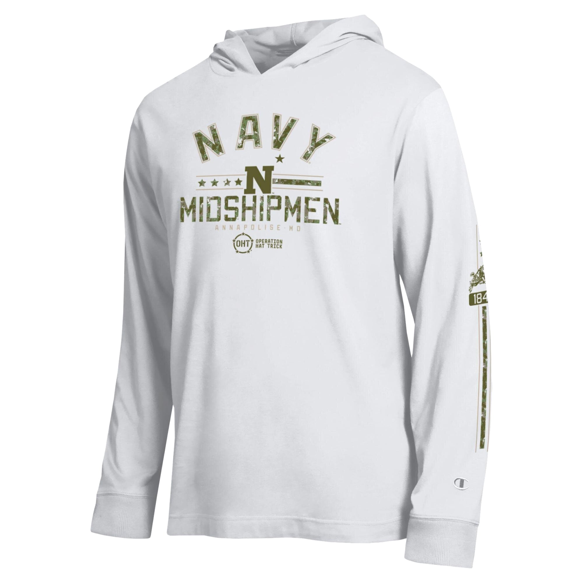 T-shirt à manches longues capuche Champion blanc et marine pour homme, motif Midshipmen Operation Hat Trick.
