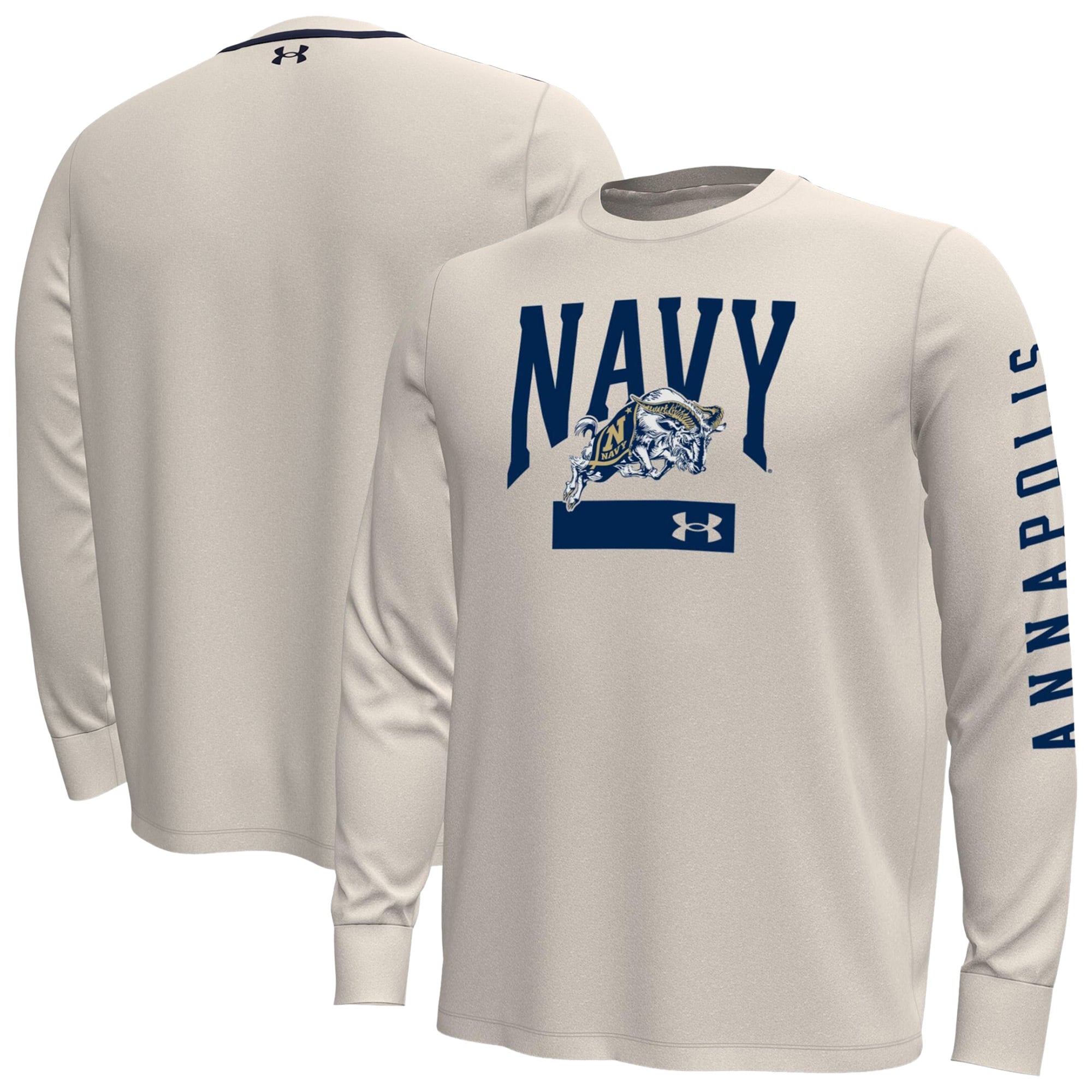 T-shirt à manches longues Under Armour Midshipmen Gameday Motion pour homme, couleur crème marine.