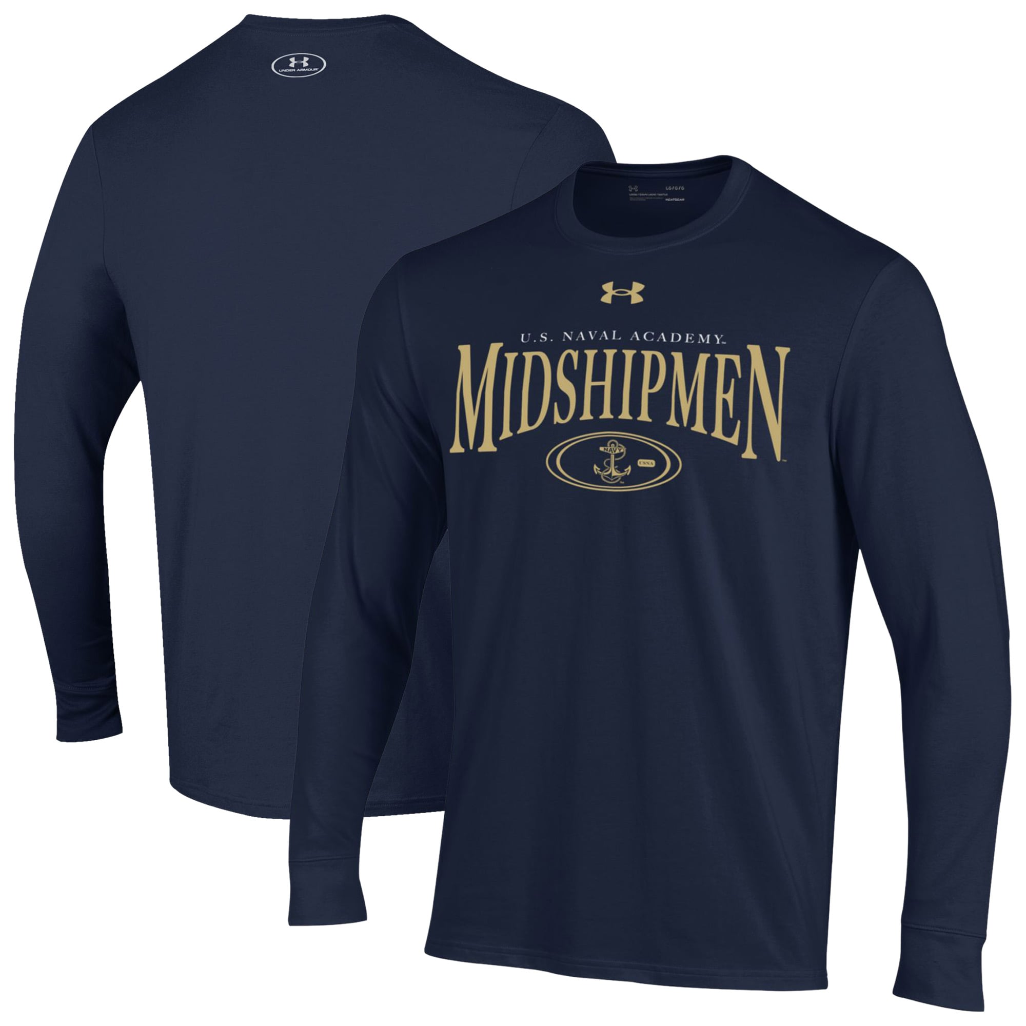 Men's Under Armour Navy Midshipmen 2026 Sideline Performance Cotton Long Sleeve T-Shirt