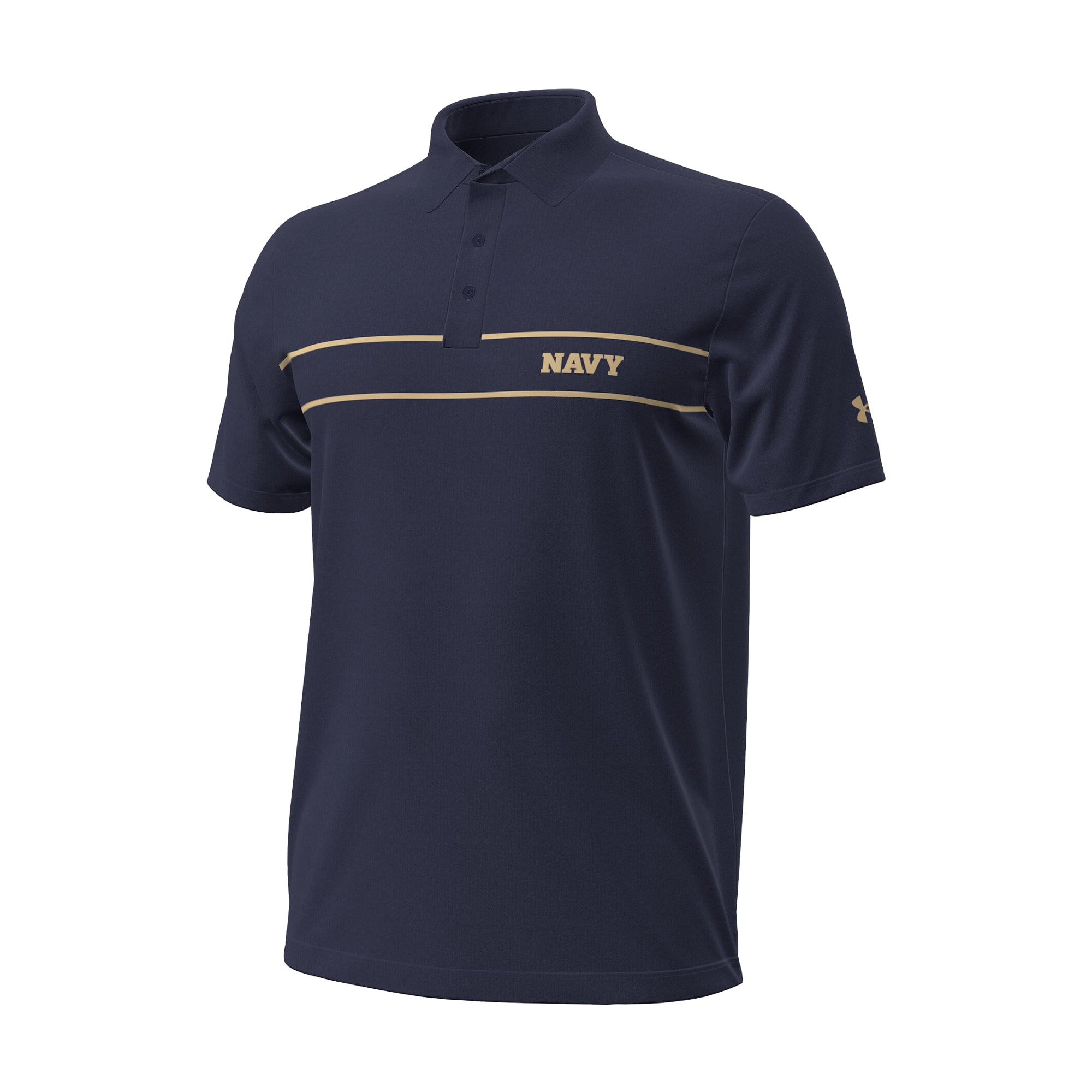 Polo Under Armour bleu marine pour homme, modèle Midshipmen 2026, à rayures sur la poitrine, édition spéciale séries éliminatoires.